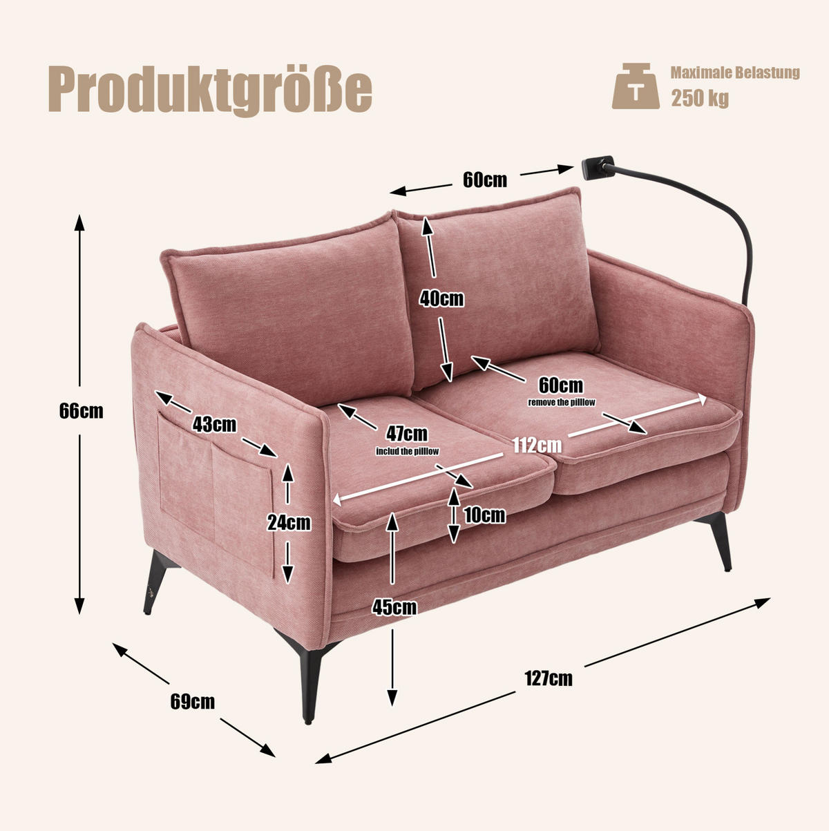 2-SITZER Sofa Chenille mit Handyhalter und Seitentaschen 127/69/66 cm Rosa - Rosa, Textil (66/127/69cm) - Redom
