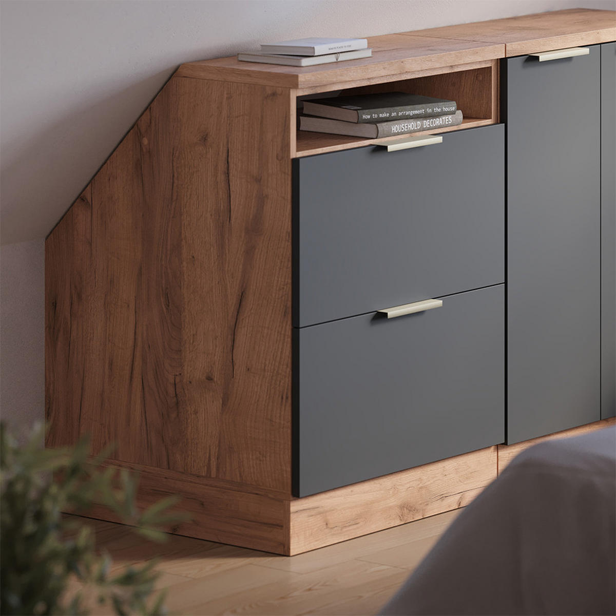 KUHINJSKI ORMAR ZA KOSINE KROVA R-Line Antracit-Zlatna 60 cm s 2 ladice, korpus ormara dubine 60 cm - hrast medunac/antracit, drvni materijal (60/83.8/60cm) - Vicco