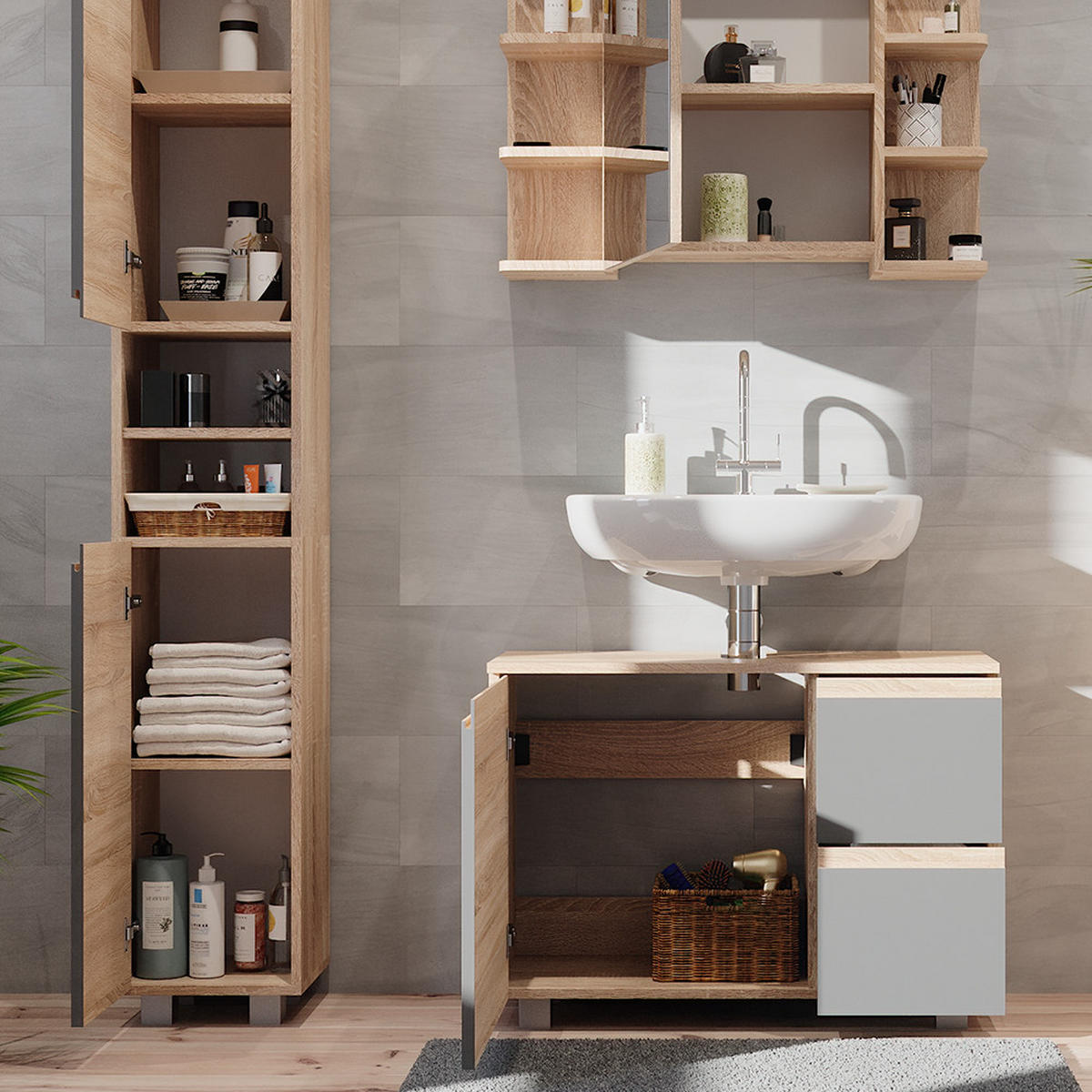 BADMÖBEL-SET J-Shape Sonoma 3 Teile, mit Hochschrank - Anthrazit/Sonoma Eiche, Holzwerkstoff (80/60/33cm) - Vicco