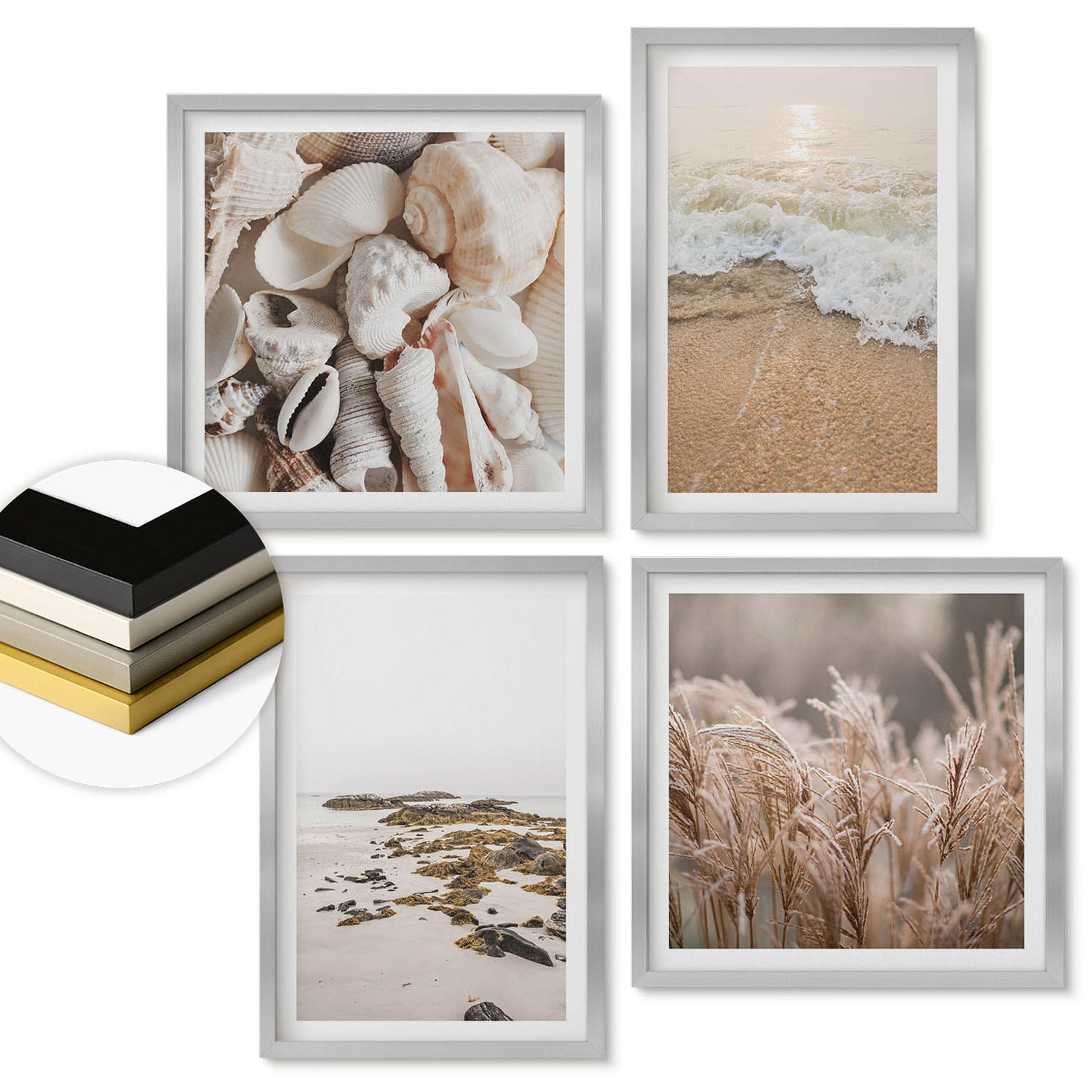 WANDBILDER 4er Set - 50x50 cm & 40x60 cm Silberner Rahmen - Strandgras, Wellen, Steine, Boho-Stil - Silberfarben, Kunststoff (50/50cm) - ArtPrintCave