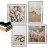 WANDBILDER 4er Set - 50x50 cm & 40x60 cm Silberner Rahmen - Strandgras, Wellen, Steine, Boho-Stil - Silberfarben, Kunststoff (50/50cm) - ArtPrintCave