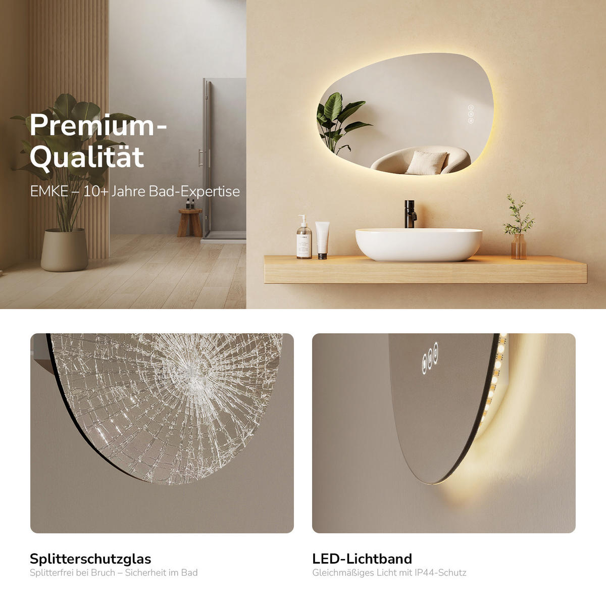BADSPIEGEL asymmetrisch mit LED-Beleuchtung, Antibeschlag, 45/65 cm - Transparent, Glas (45/65/2.5cm) - EMKE