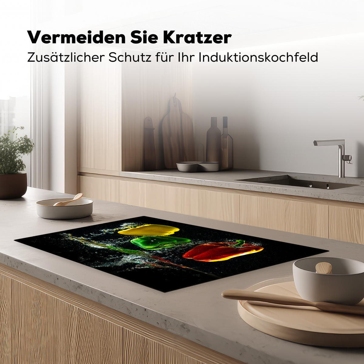HERDABDECKPLATTE Paprika - Gemüse - Wasser - Schwarz - Rot - Grün - Gelb Ceranfeldabdeckung 80x52 cm - Multicolor, Kunststoff (80/52/0.2cm) - MuchoWow