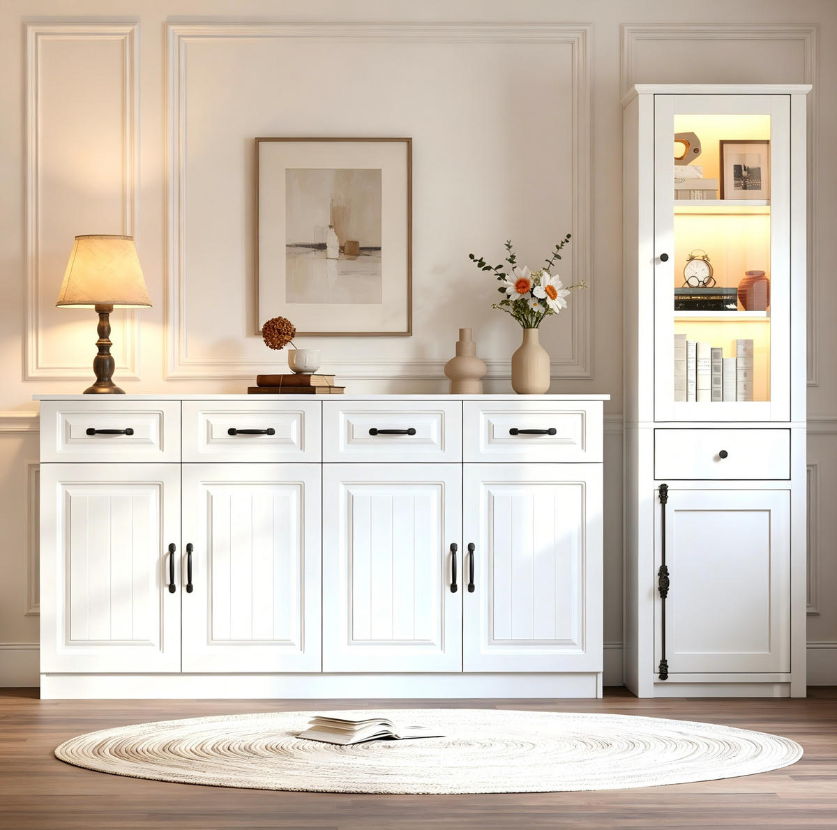 VITRINE in Weiß Wohnzimmer-Set inkl. Beistellschrank und Vitrine für Wohnzimmer, B160/T35/H80 cm, B55/T40/H200 cm - Weiß, Glas/Holzwerkstoff (160/80/35cm) - STILVORA