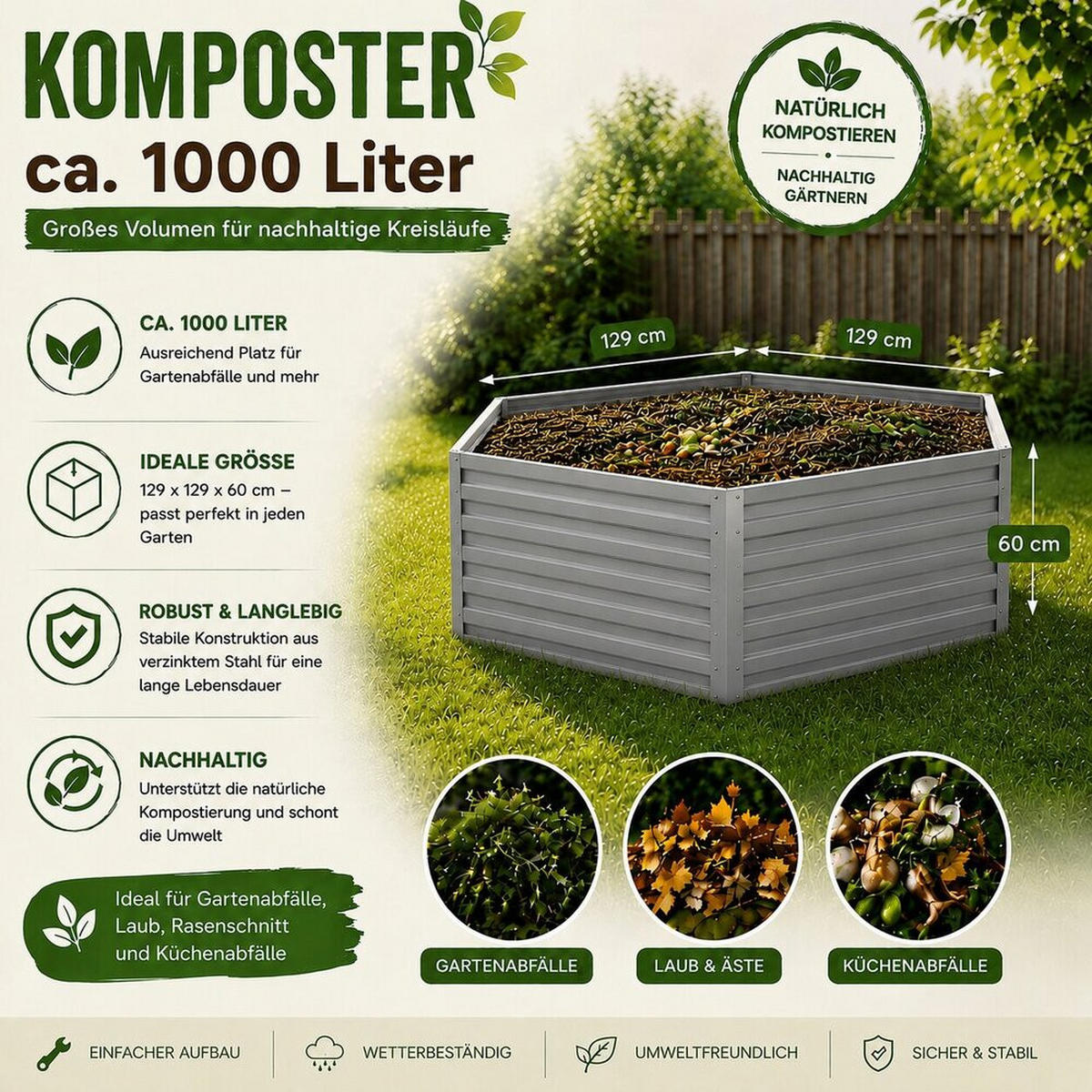 KOMPOSTER Garten, Silber, 148.5 x 129 cm - Silberfarben, Metall (148.5/60/129cm) - Vicco