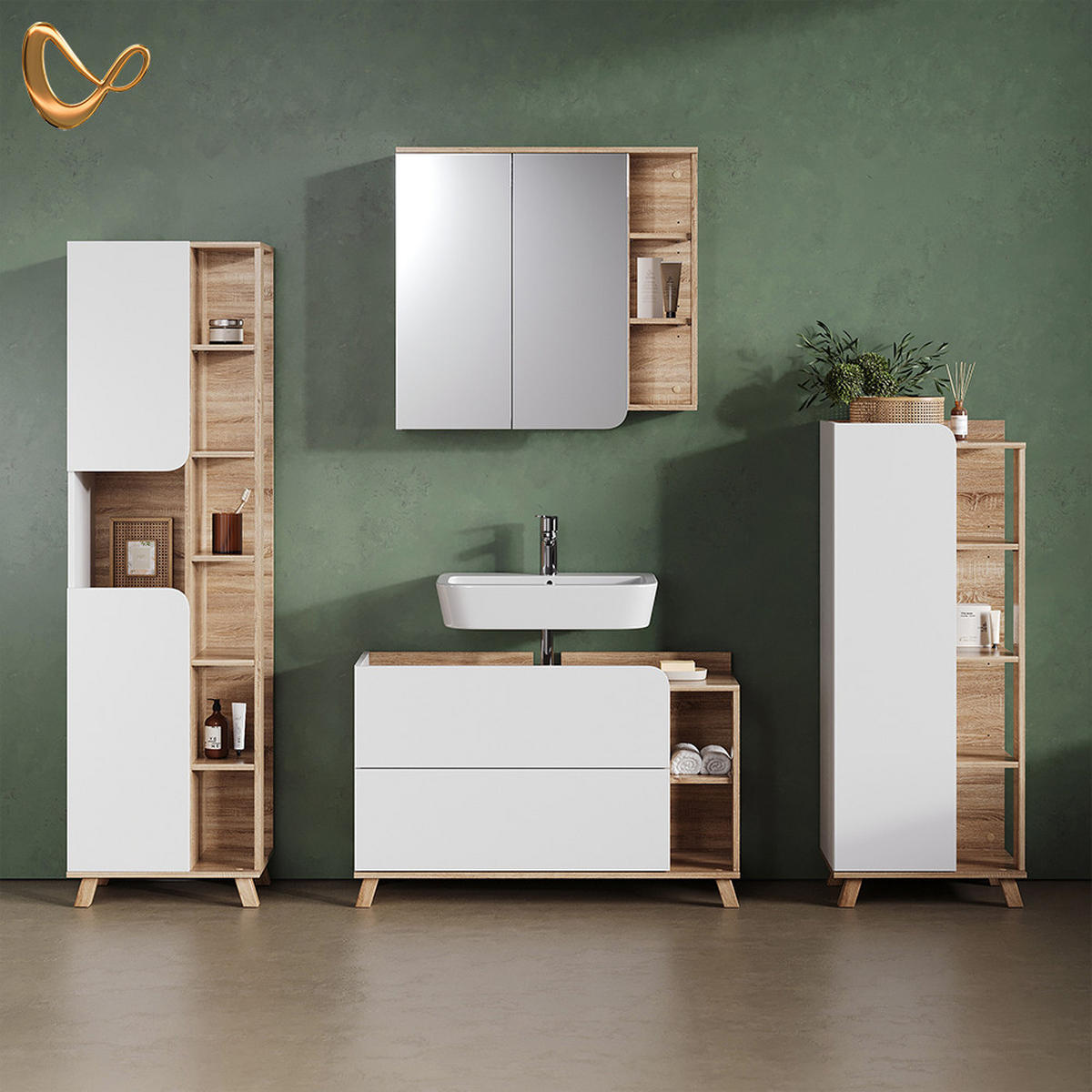 KOMPLET KOPALNIŠKEGA POHIŠTVA Marano, Sonoma/Bela, 4-delni - bela/hrast sonoma, leseni material (100/65/35cm) - Livinity®
