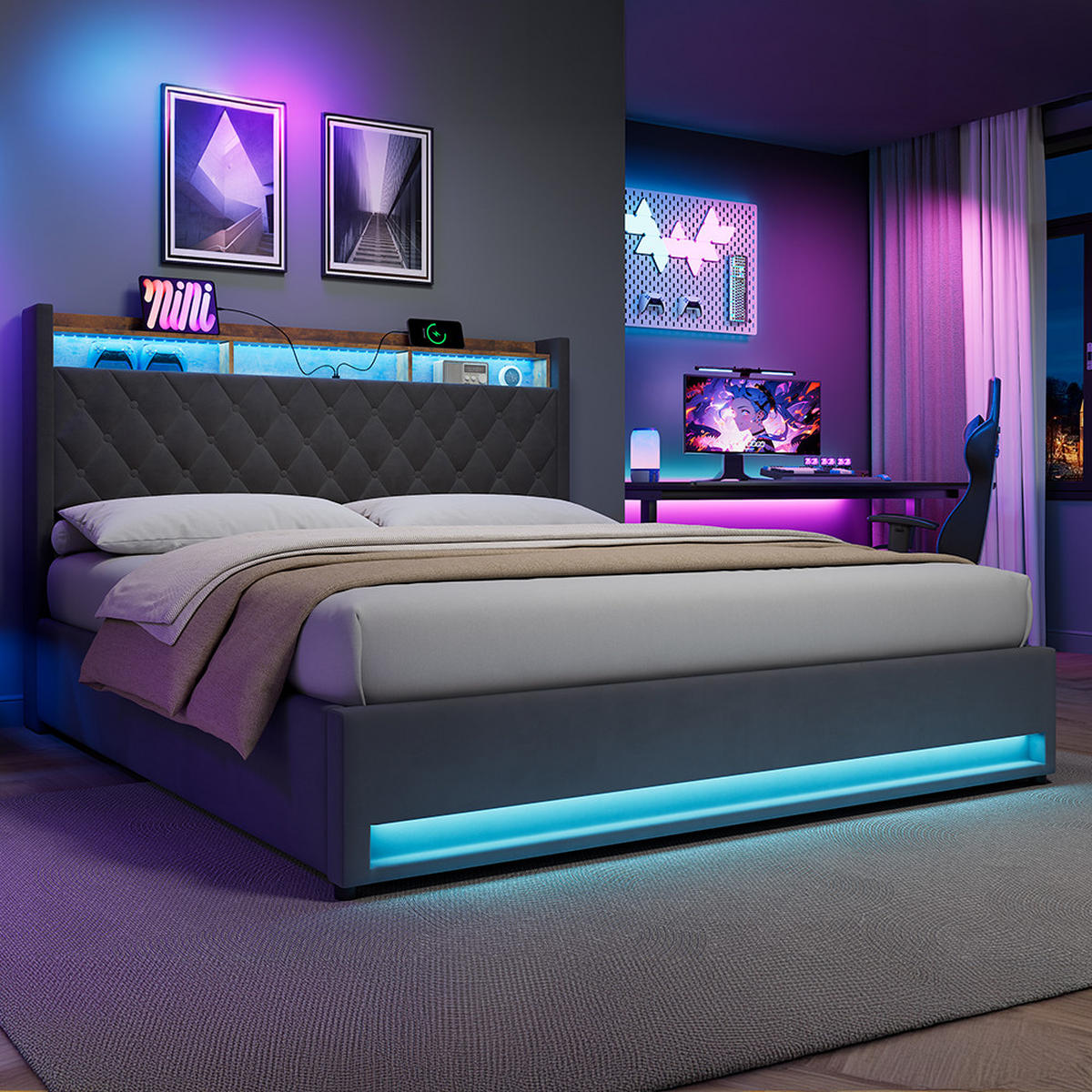POLSTERBETT 180/200 cm in Grau, Samt, mit Bettkasten, USB, LED, ohne Matratze - Grau, Holzwerkstoff/Textil (180/200cm) - WISHDOR