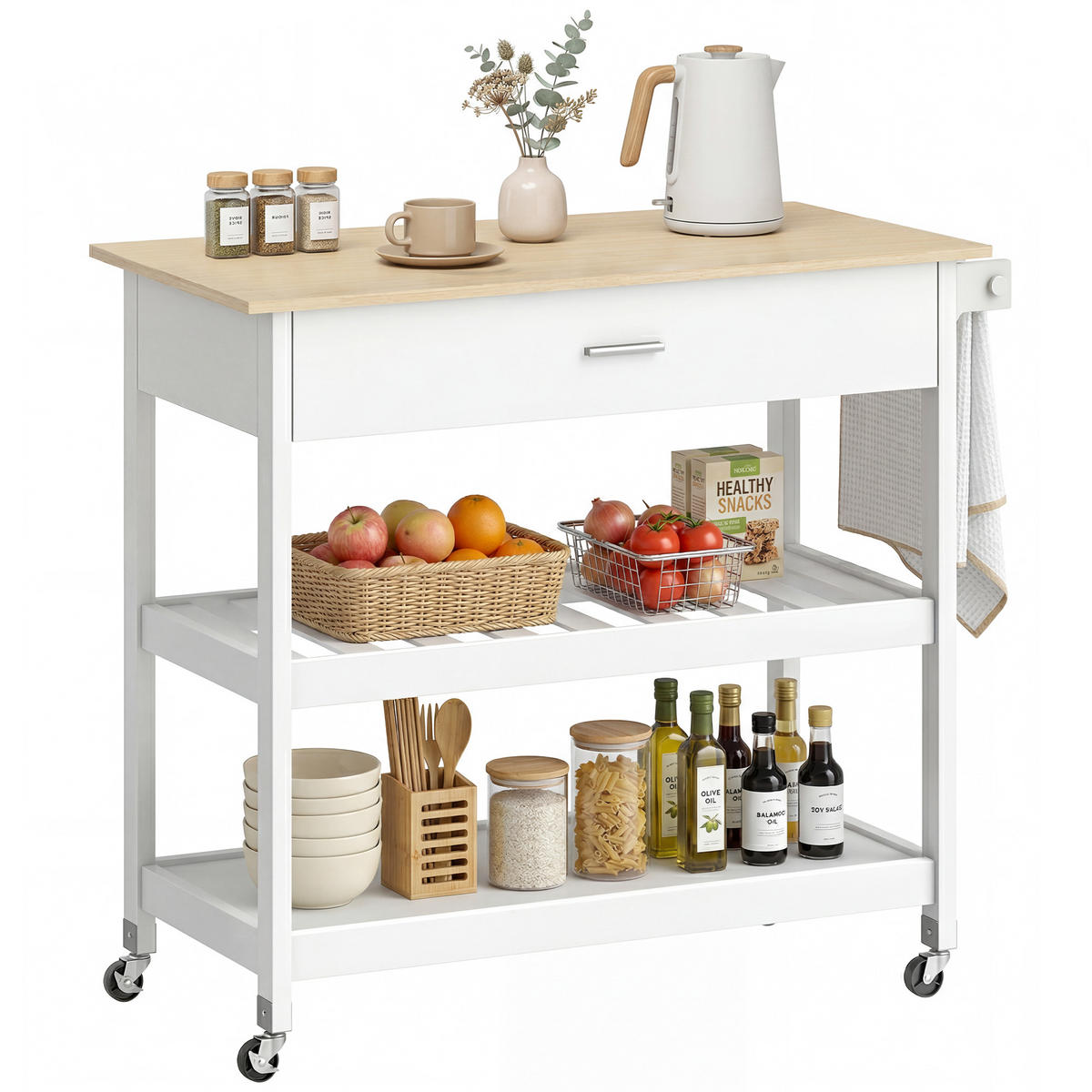 KÜCHENWAGEN DE-10554 mit großer Arbeitsplatte & Schublade Weiß - Weiß, Holzwerkstoff (51/92.5/108.8cm) - ComfortXL