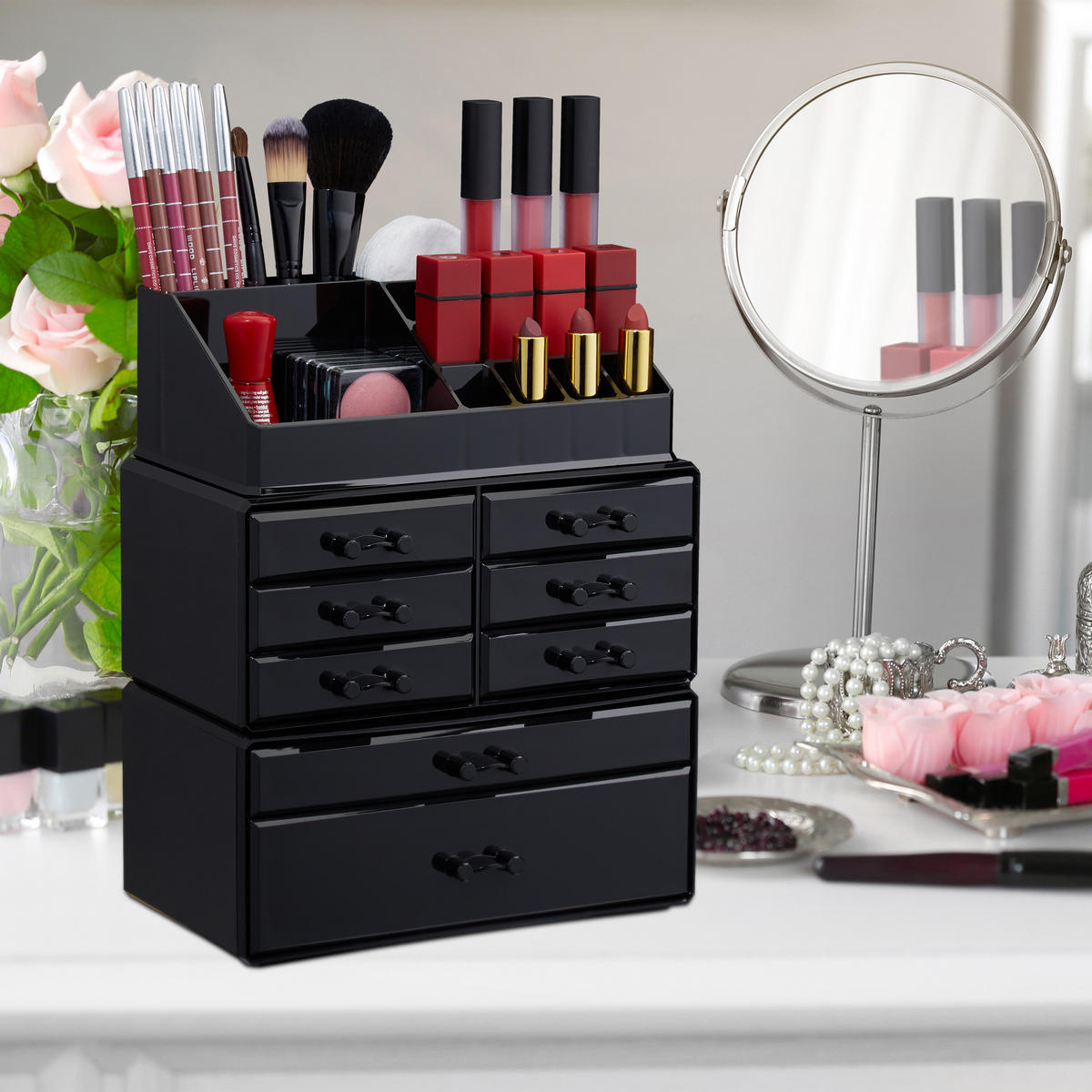 MAKEUP Organizer - Schwarz, Kunststoff (24/30/14cm) - Relaxdays