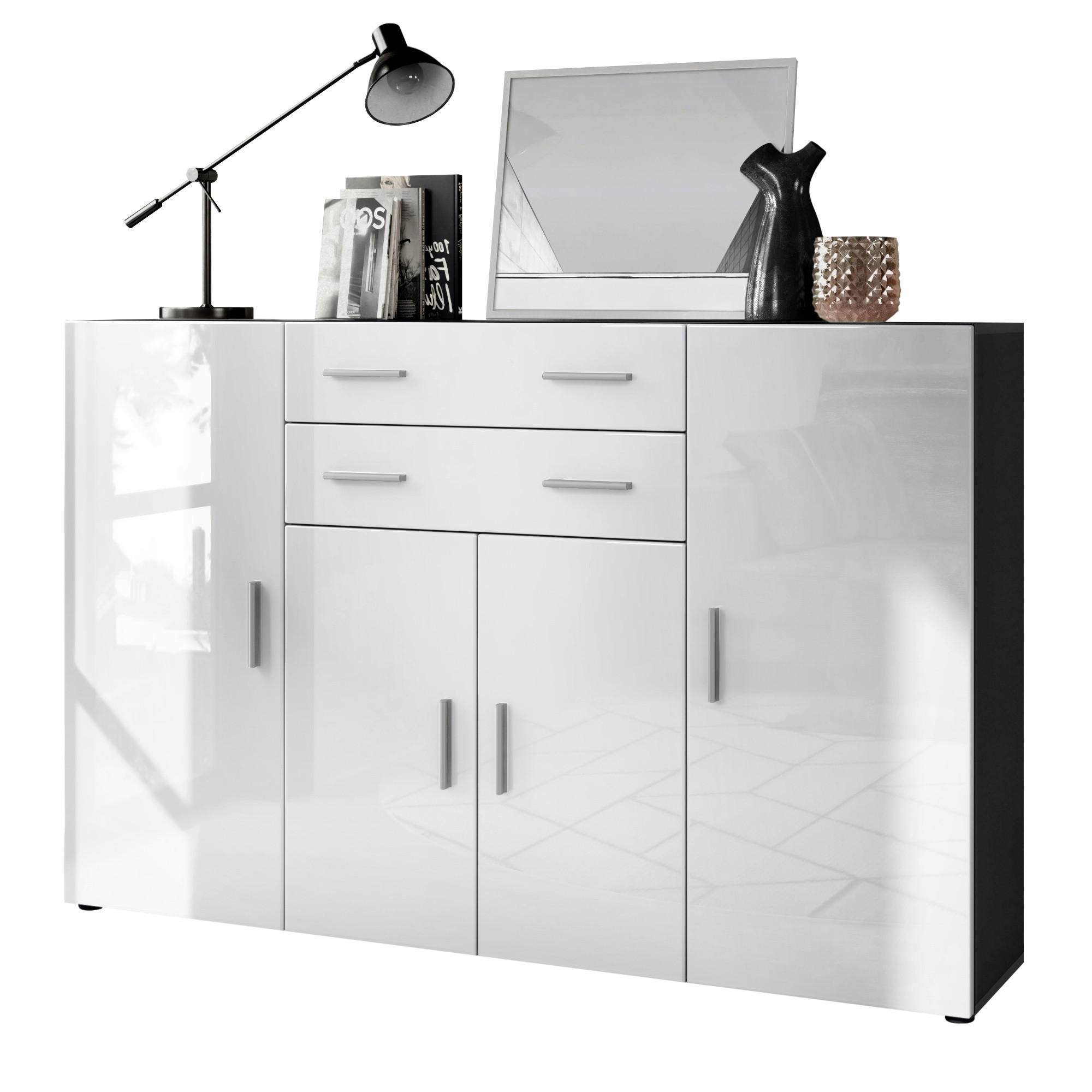 Vladon Highboard Weiß Hochglanz 166.5x106.5x35 cm