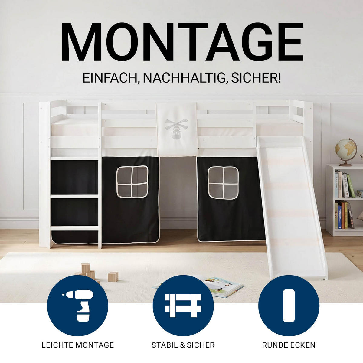 HOCHBETT mit Rutsche 90/200 cm Pirat - Schwarz/Weiß, Holz - Homestyle4u