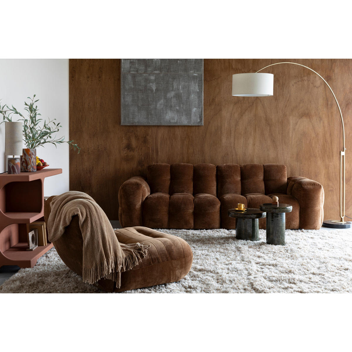 SOFA 3-SITZER Hackman Samt Cognac/ Braun - Cognac/Braun, Kunststoff (264/84/102cm) - Dutchbone