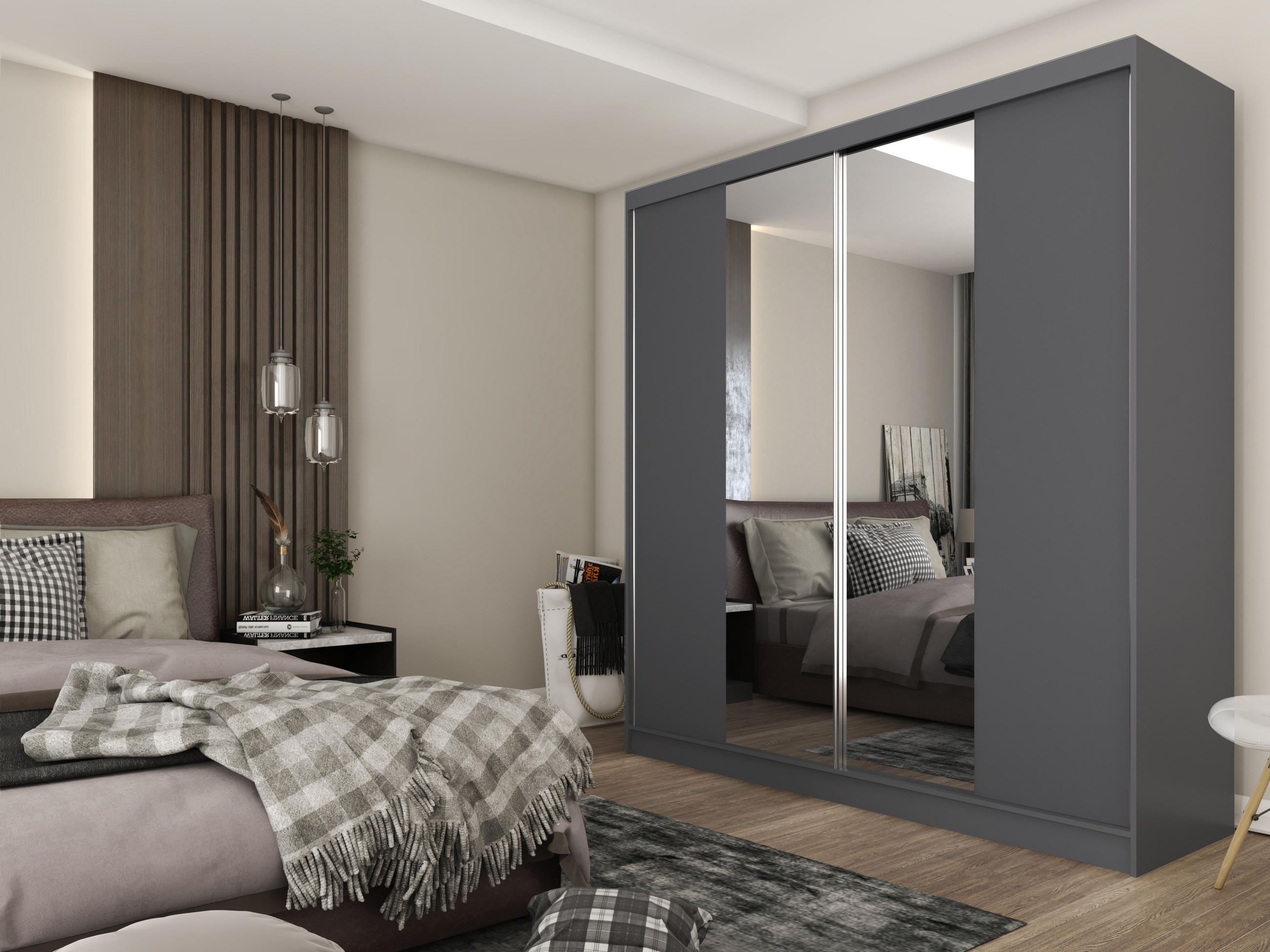 SCHWEBETÜRENSCHRANK LUCENZA 200/216/61 cm 2-türig mit Spiegel Grau - Grau, Holzwerkstoff (200/216/61cm) - MASSENO