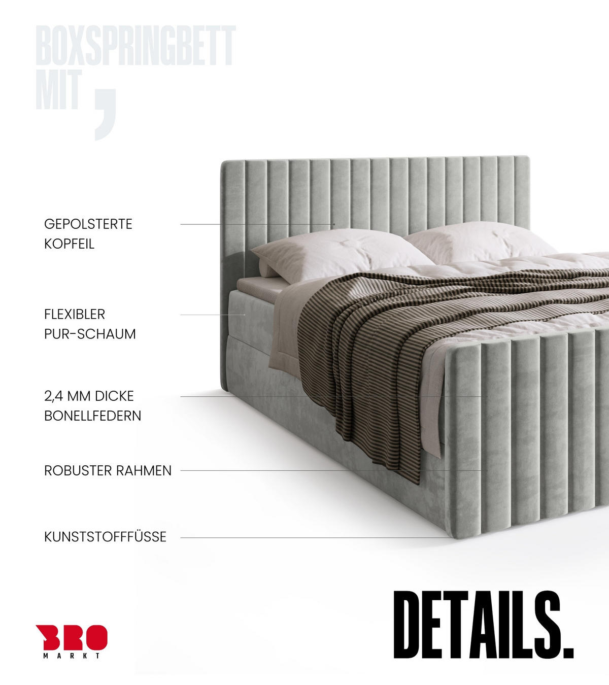 BOXSPRINGBETT Dream Duo mit Topper 160/200 Grau - Hellgrau, Kunststoff (160/200cm) - Bromarkt