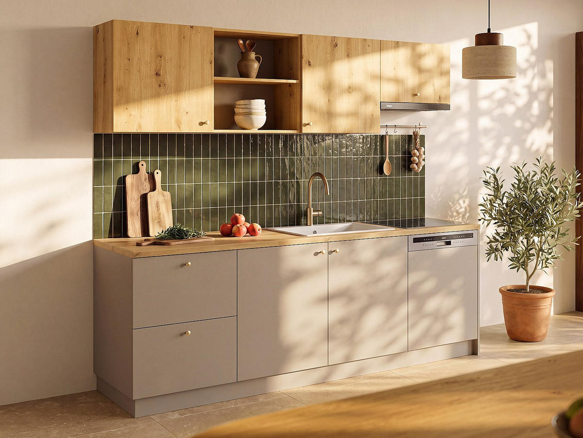 KÜCHENZEILE - 242 cm x 60 cm - holz - beige, naturfarben hell Yorina - Beige/Naturfarben, Holz (242/85/60cm) - Vente-Unique