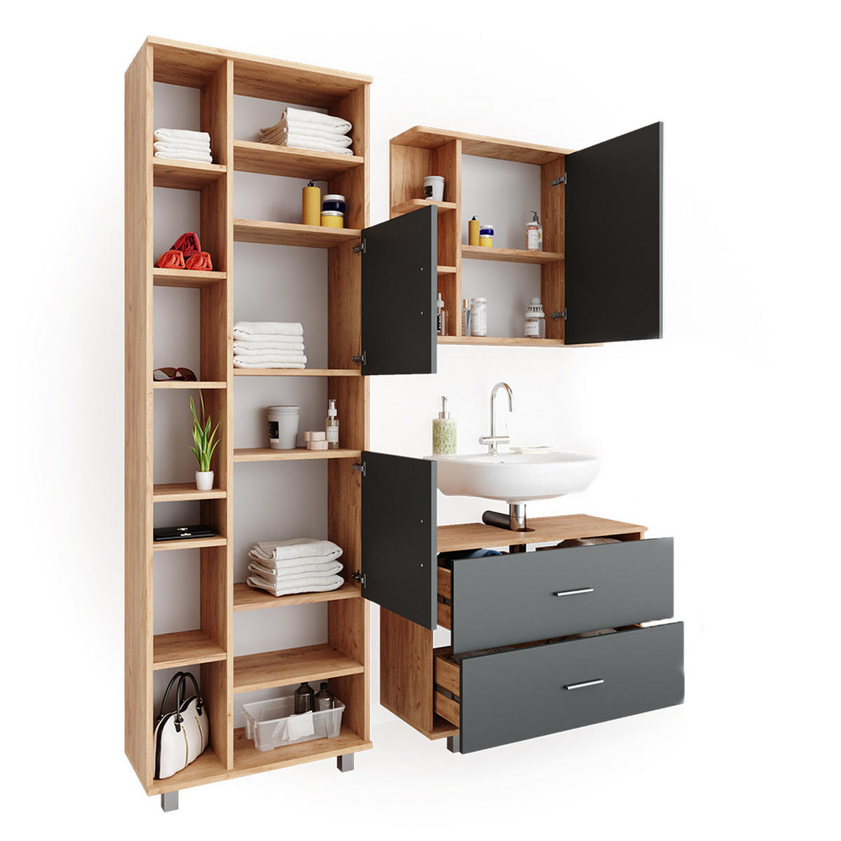 BADMÖBEL-SET Ilias Anthrazit/Goldkraft Eiche 3 Teile, mit Hochschrank - Honigeiche/Anthrazit, Holzwerkstoff (80.2/60.8/33cm) - Vicco
