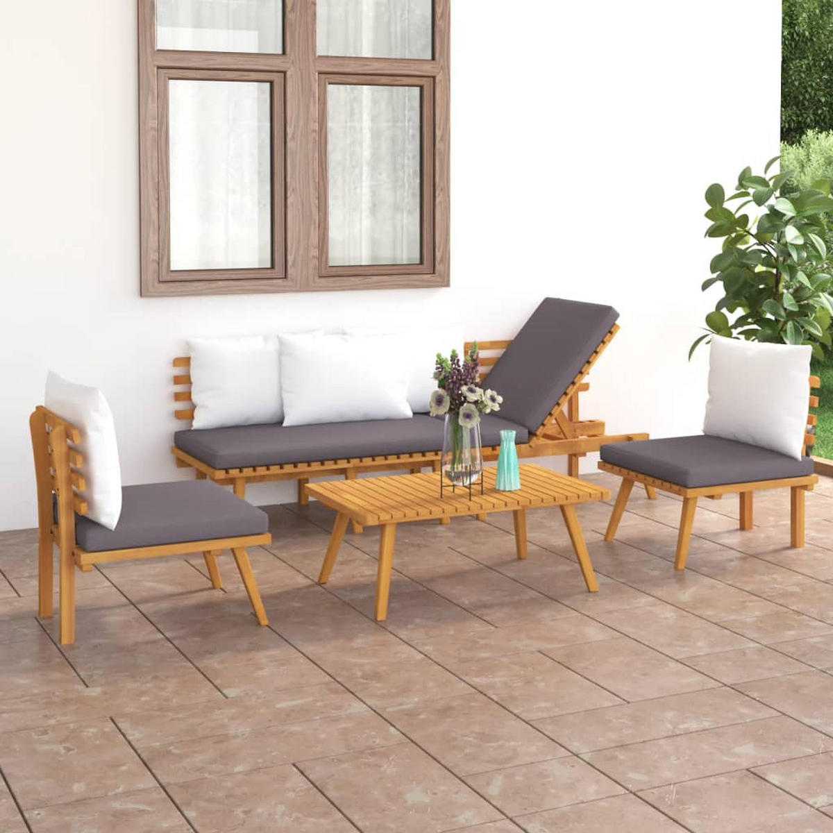 GARTEN-LOUNGE-SET 4-teilig Mit Kissen Massivholz Akazie - Dunkelgrau/Braun, Holz/Textil - vidaXL