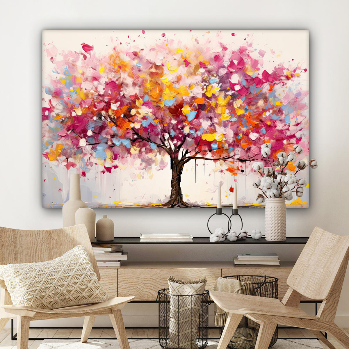 LEINWANDBILD Aquarell - Baum - Kunst - Abstrakt Wohnzimmer Groß 120x80 cm - Multicolor, Textil (120/80cm) - MuchoWow