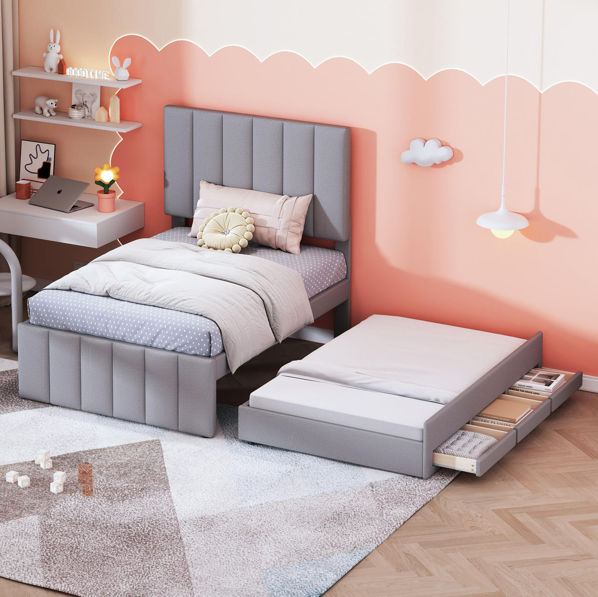 POLSTERBETT 90/200 cm Grau aus Leinen mit Rollbett und Schubladen - Grau, Textil (90/200cm) - OKMYHOME