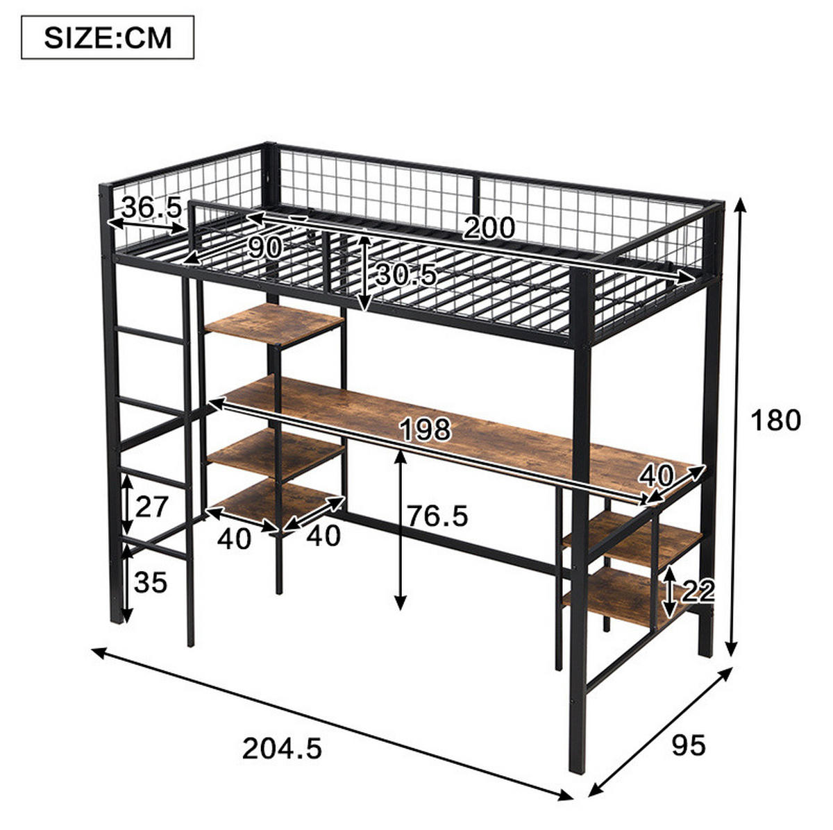 HOCHBETT 90/200 cm aus Metall mit Schreibtisch und Regal - Schwarz, Metall (90/200cm) - BEAOK