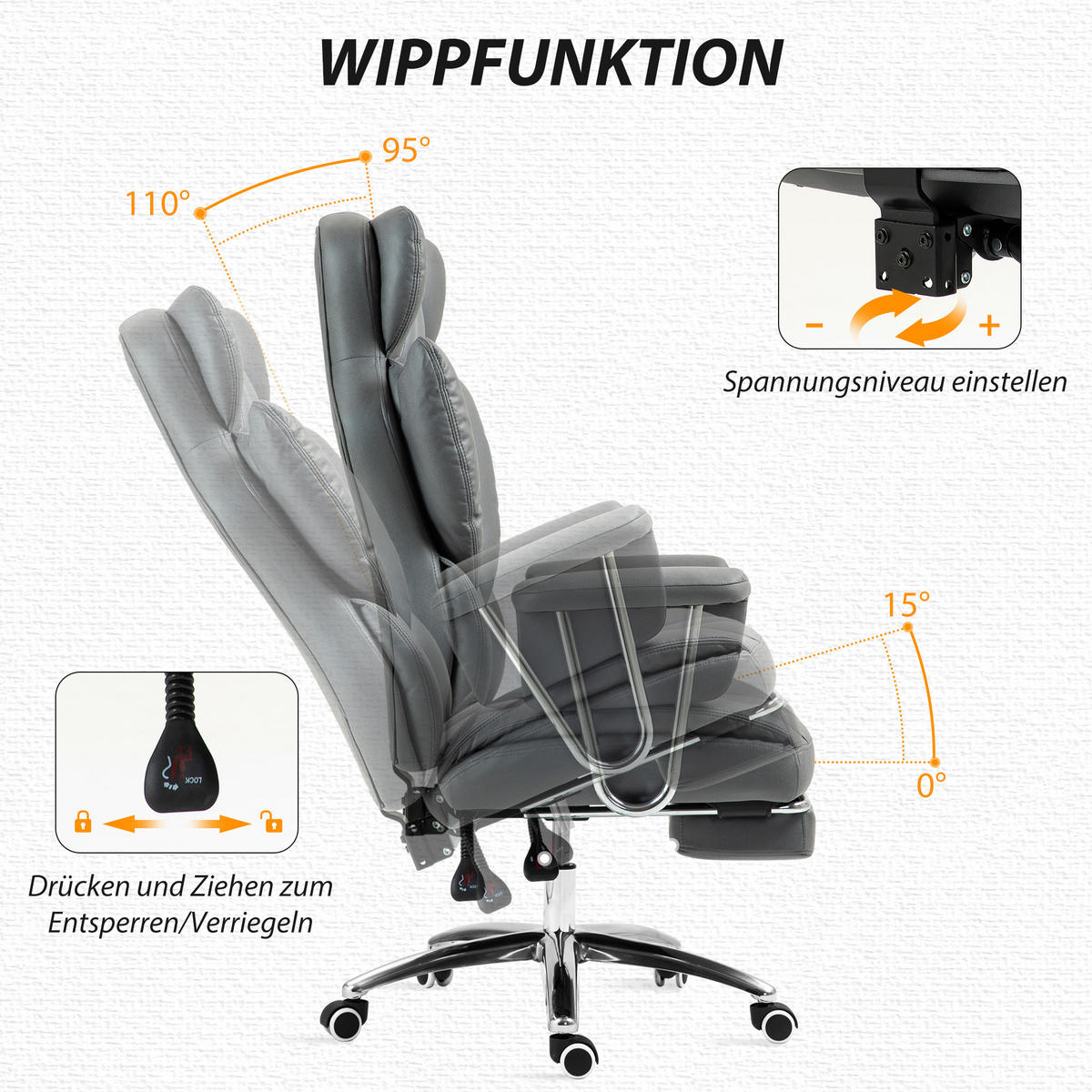 BÜROSTUHL mit Liegefunktion, ergonomisch Schreibtischstuhl, Drehstuhl Dunkelgrau - Chromfarben/Dunkelgrau, Textil/Metall (65/128/74cm) - HOMCOM