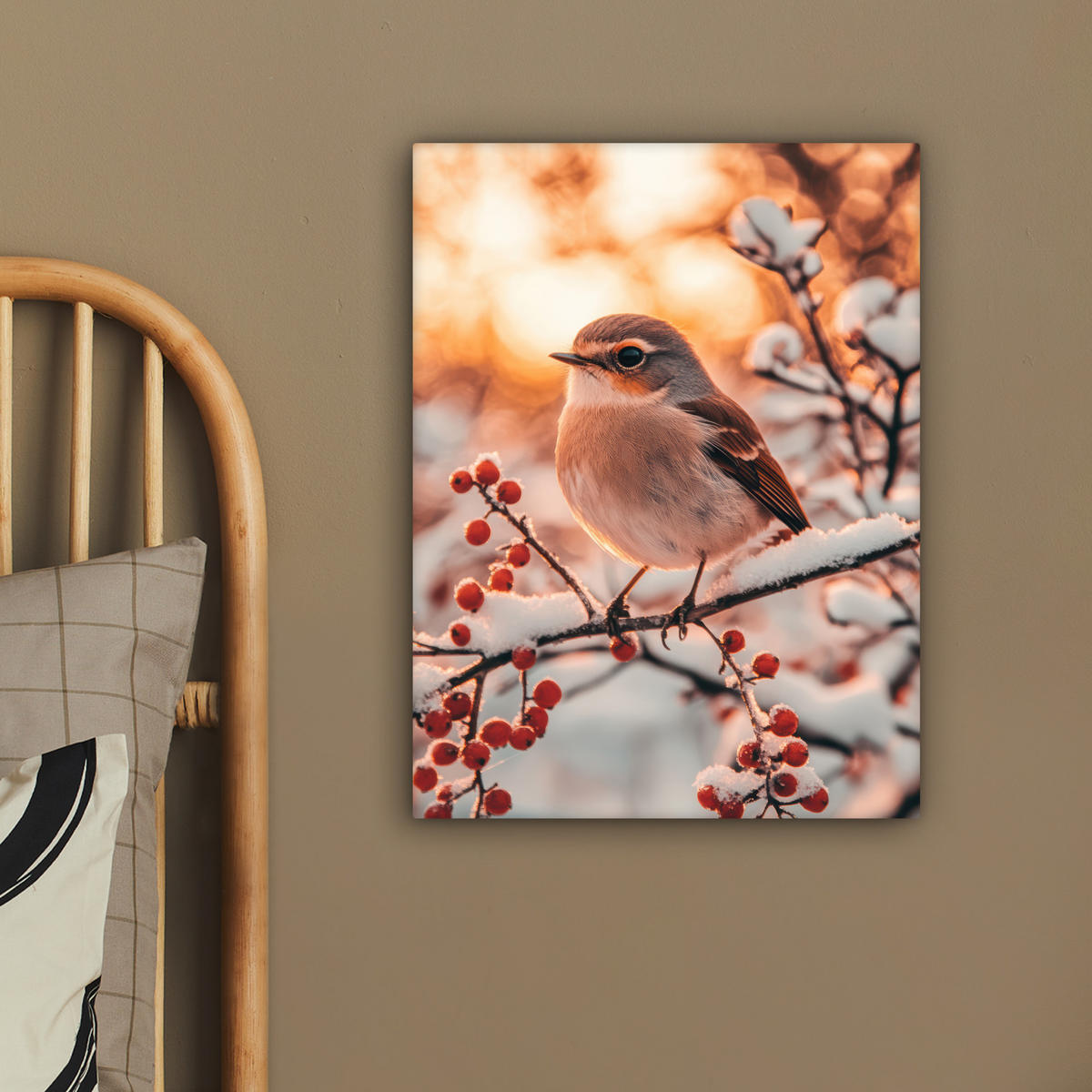 LEINWANDBILD Vogel - Zweig - Winter - Tiere - Schnee 30x40 cm - Bernsteinfarben, Textil (30/40cm) - MuchoWow