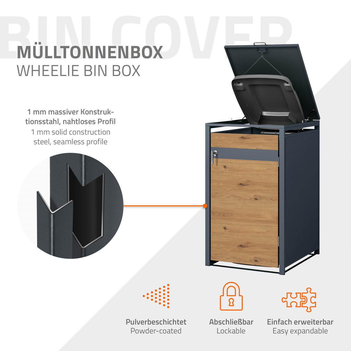 MÜLLTONNENBOX 1er Anthrazit-Eichenoptik - Braun, Metall (80/116.3/68cm) - ML-DESIGN