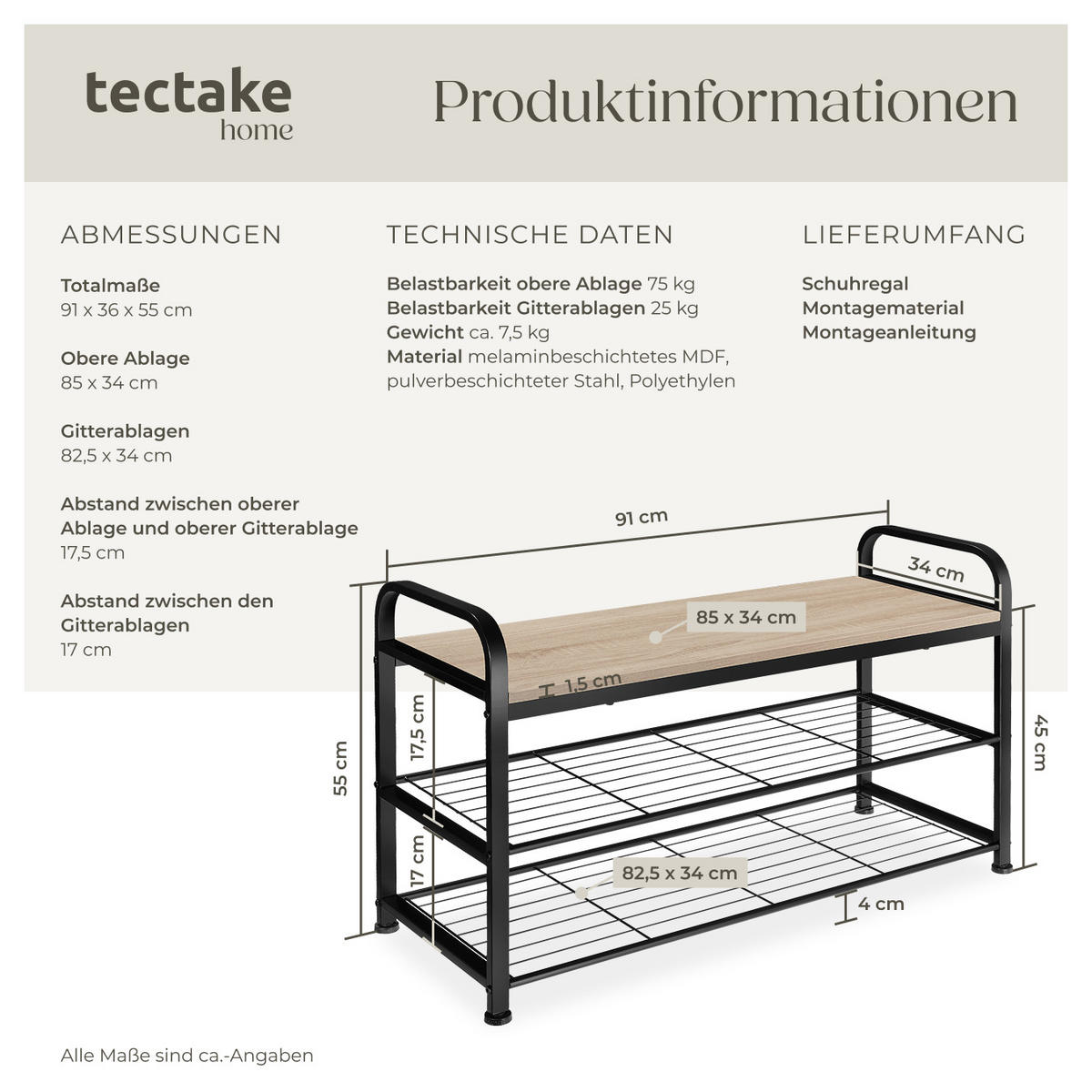 SCHUHREGAL Southampton,91 x 36 x 55 cm,Industrial Holz hell, Eiche Sonoma - Naturfarben, Metall (36/55/91cm) - tectake