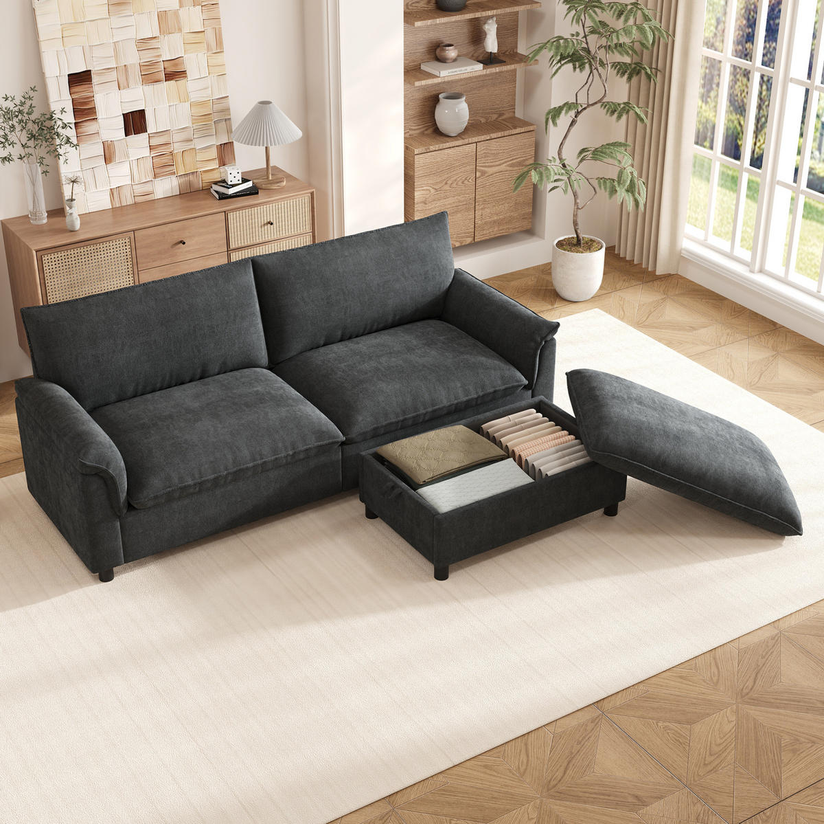 ECKSOFA 216/77/82 cm mit beweglichem Hocker, Stauraum und Schlaffunktion aus Chenille, Schwarz - Schwarz, Textil (216/77cm) - Redom