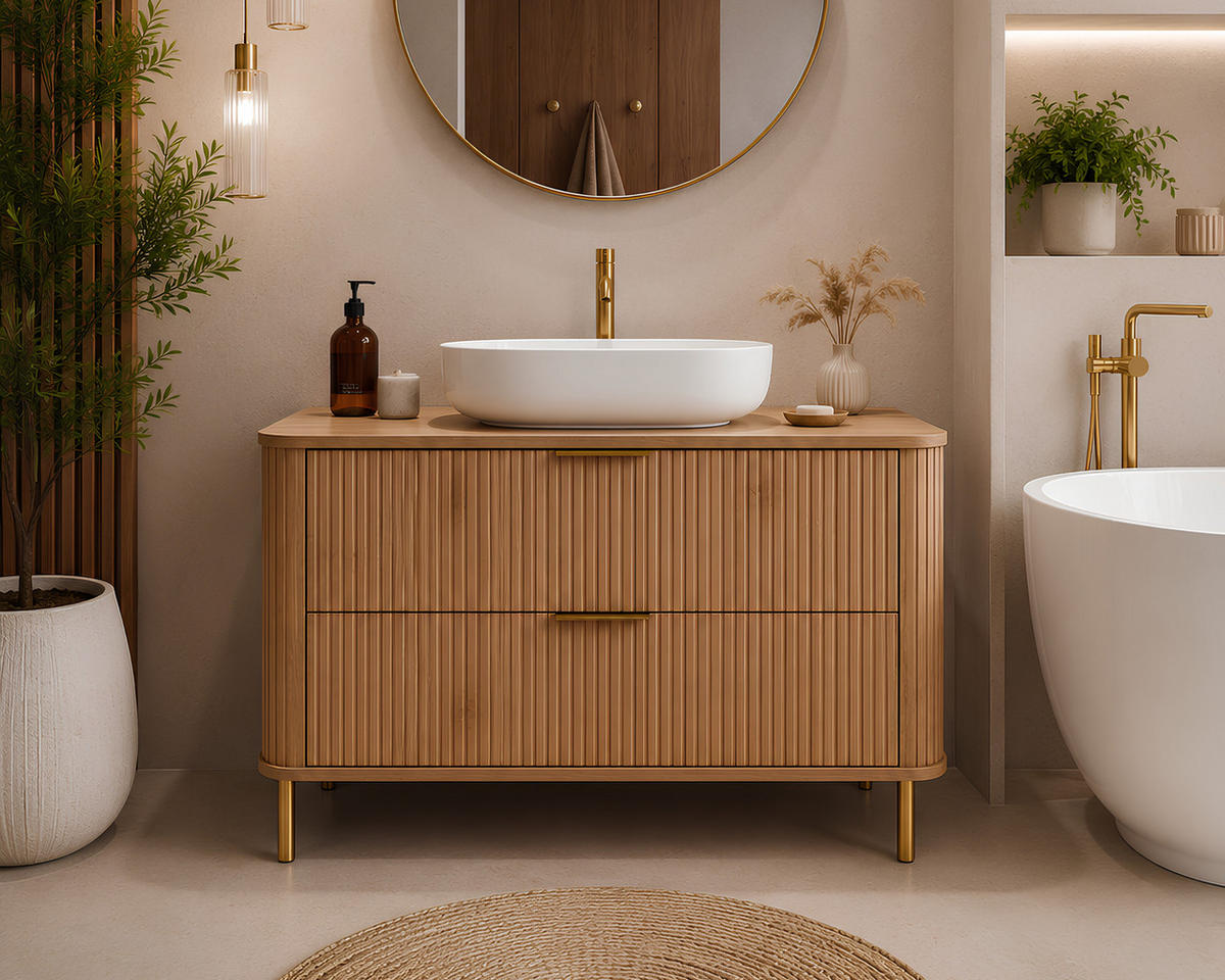 BADEZIMMERSCHRANK : Farbe Eiche Craft, Griff gold, Füße gold, 100 x 41,5 x 66,7 cm - Eichefarben/Goldfarben, Holzwerkstoff (100/66.7/41.5cm) - 3XE LIVING