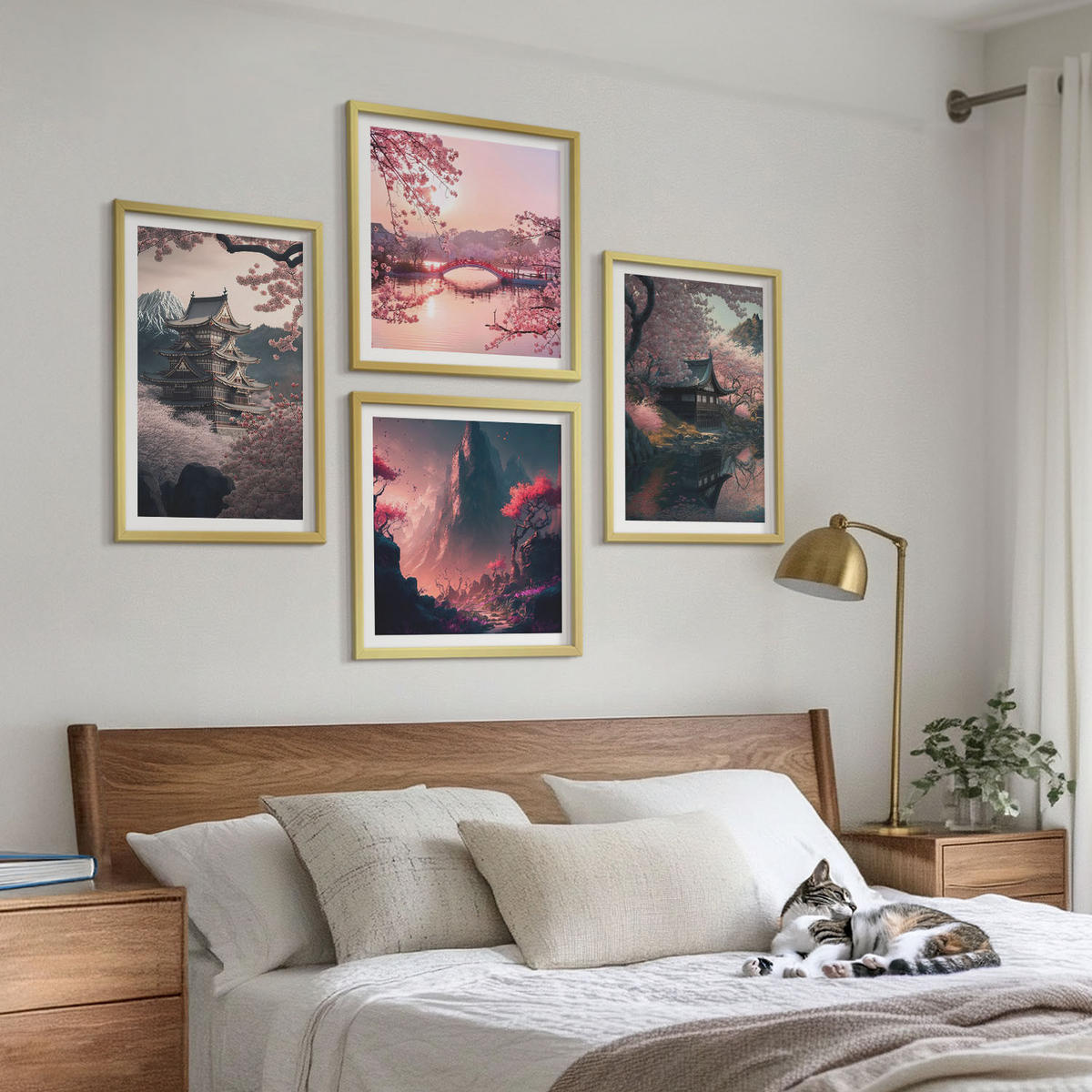 BILDER SET 4er Set - 50x50 cm & 40x60 cm Goldrahmen - Fantasielandschaften Japans - Goldfarben, Kunststoff (50/50cm) - TULUP