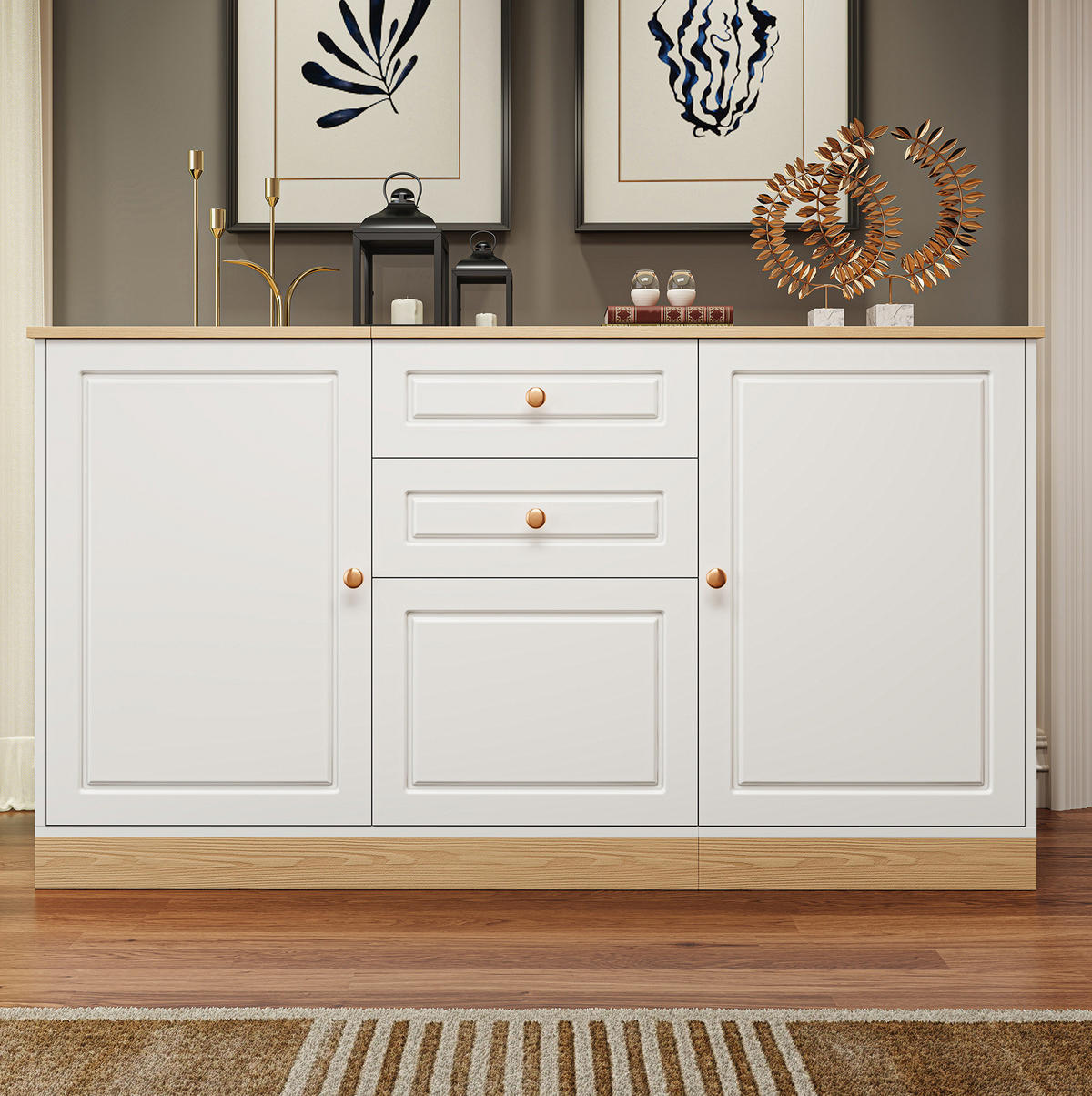 SIDEBOARD 135,5/39/76 cm in Weiß und Holzoptik mit 3 Türen und 2 Schubladen - Weiß, Holzwerkstoff (135.5/76/39cm) - Flora Grace