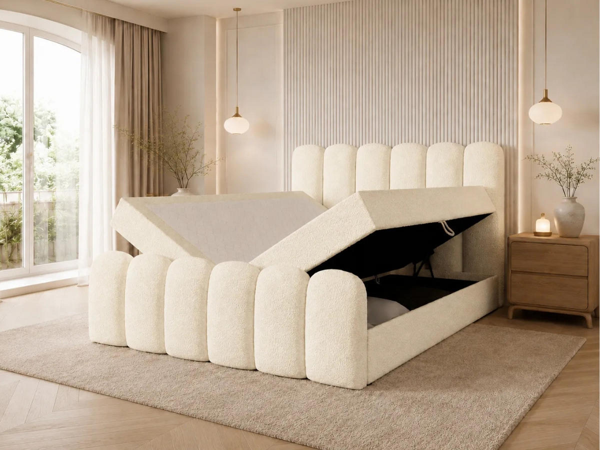 BOXBETT CUDDLE 140x200 cm in Beige, Bettkasten, Topper, Bouclé-Stoff - Beige, Holz/Textil (140/200cm) - EMLAR Home