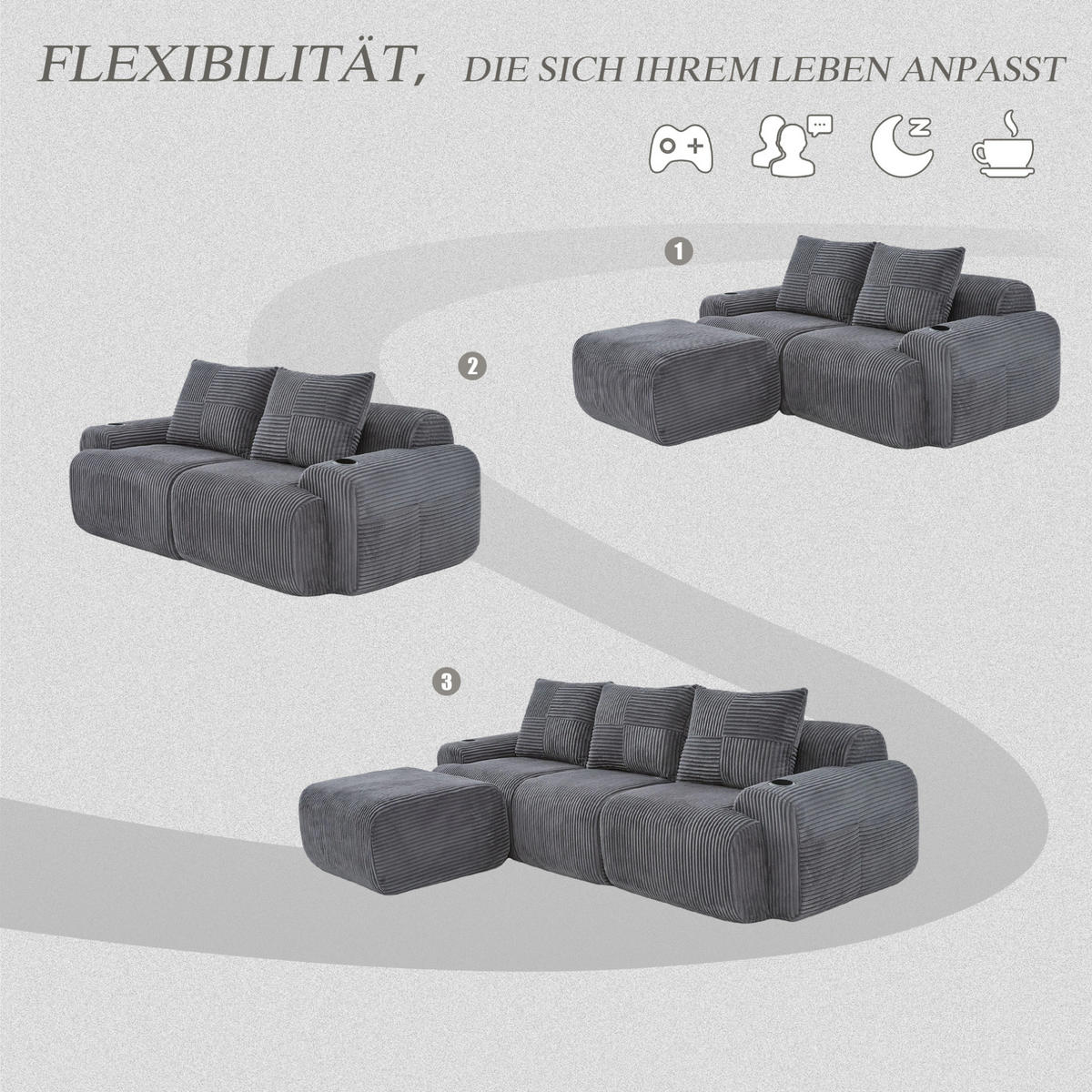 ECKSOFA 268/174/80 cm dunkelgrau aus Cord mit Cupholder - Dunkelgrau, Textil (174/268cm) - OKWISH