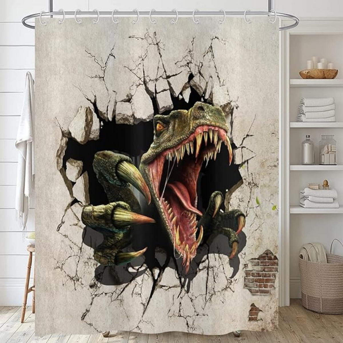 DUSCHVORHANG Dinosaurier Vintage wand waschbar Stoff wasserdicht für Badewanne mit Haken - Grün, Textil (180/180cm) - MCBOSON