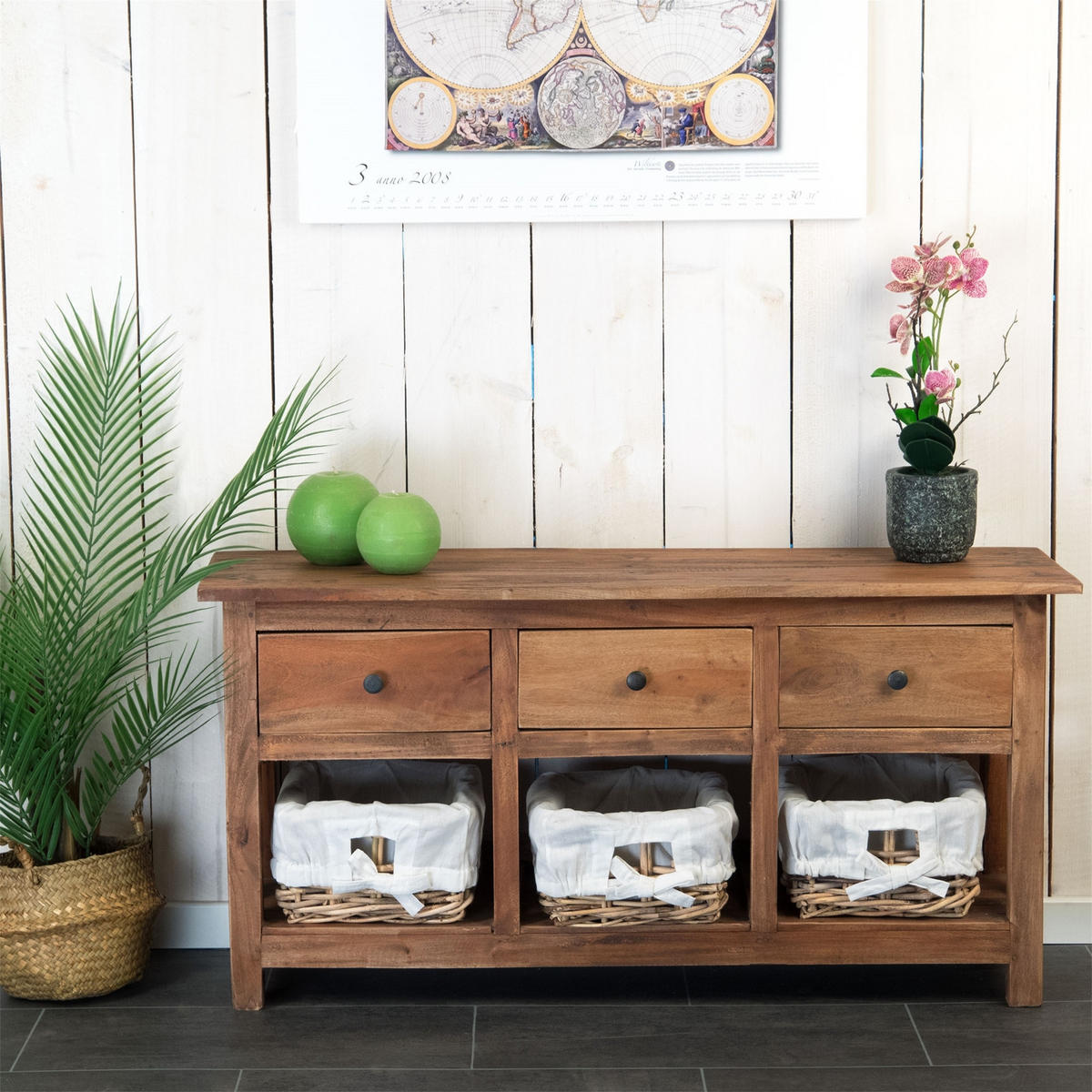 KOMMODE Vintage 98 Massivholz, mit 3 Weidenkörben & Schubladen naturfarben-weiß - Naturfarben, Holz (98/50/28cm) - DESIGN DELIGHTS