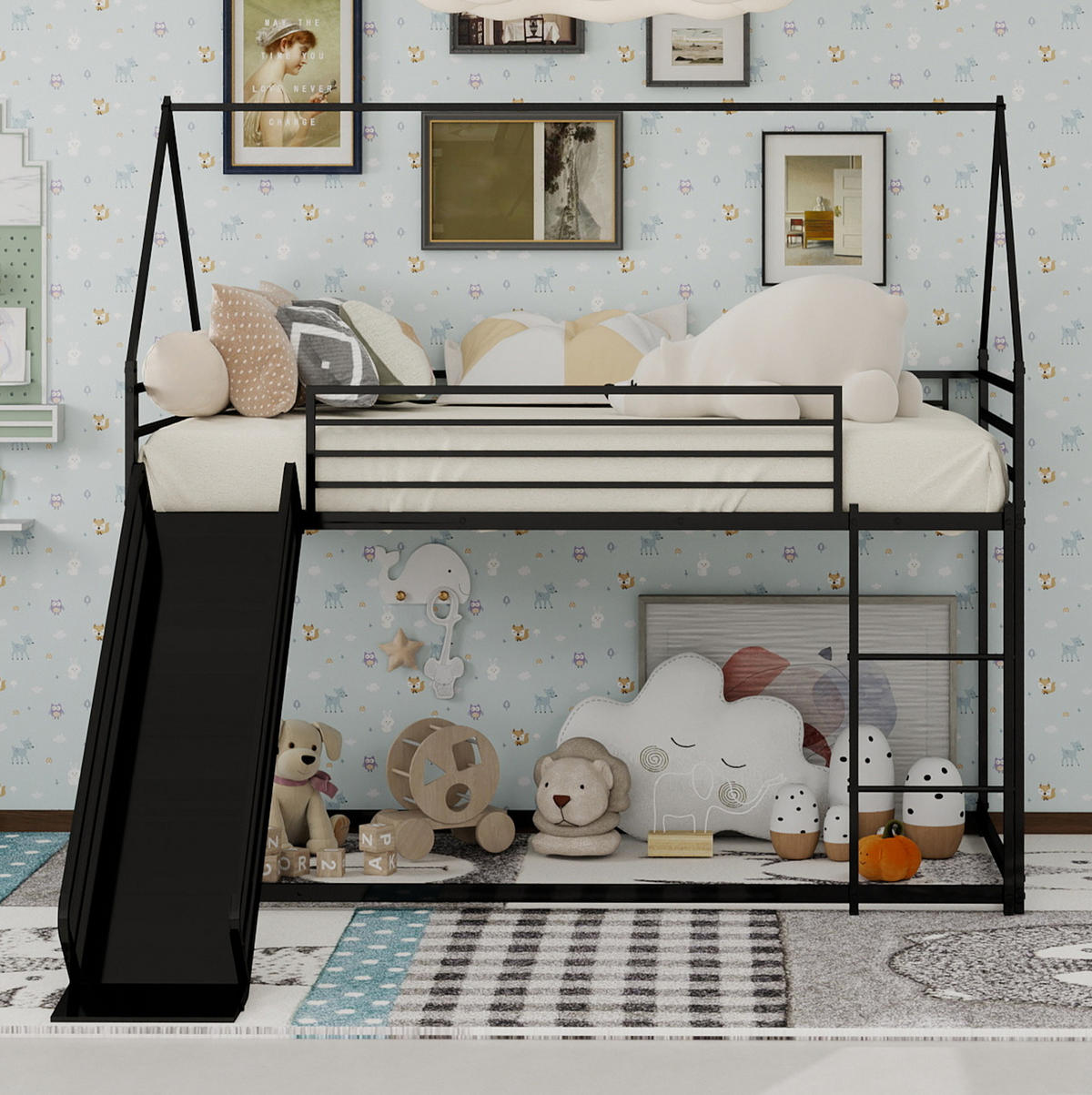 ETAGENBETT 180/200 cm schwarz aus Eisen mit Rutsche und Spielhausdesign - Schwarz, Metall (180/200cm) - OKWISH