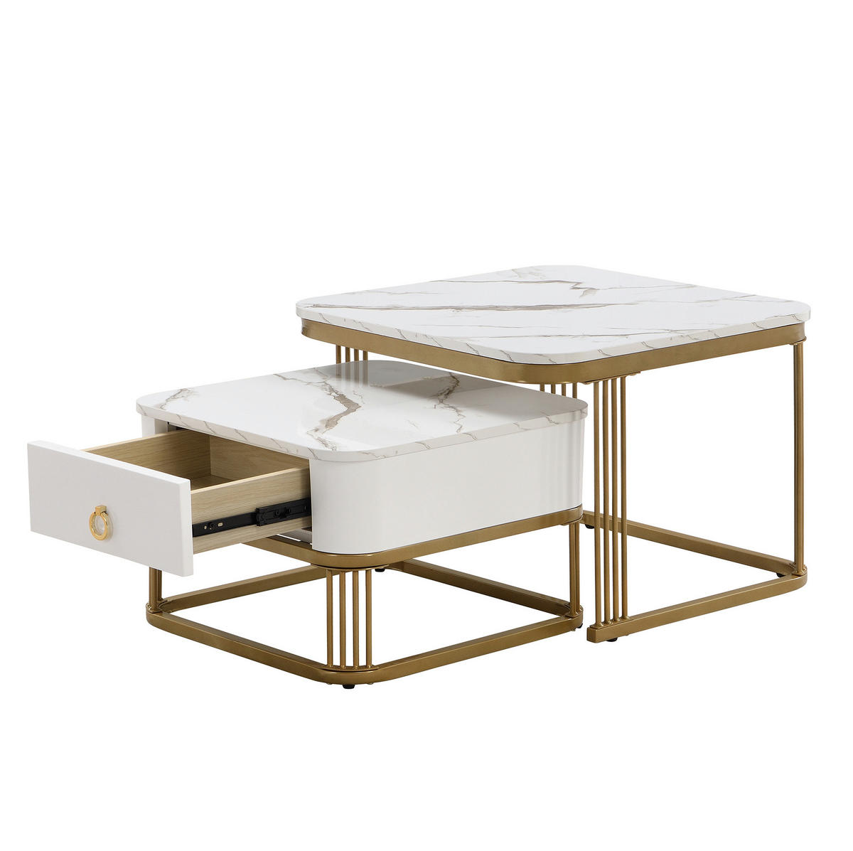 COUCHTISCH-SET 60/60/45 + 50/50/34 cm in Marmoroptik mit Schublade - Weiß, Holzwerkstoff (60/60/45cm) - Flora Grace