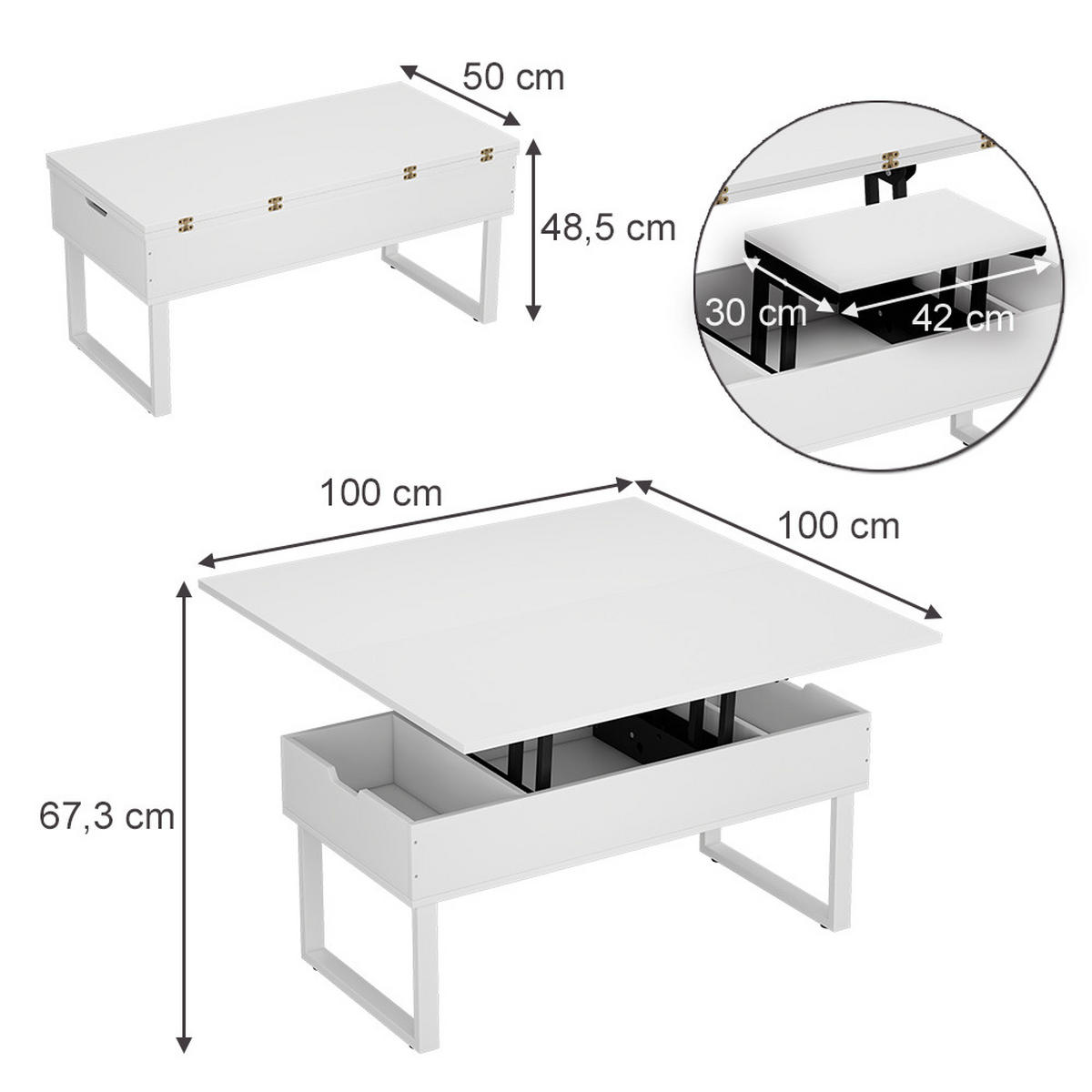 COUCHTISCH Lifty Weiß 100 x 50 cm mit Liftfunktion - Weiß, Holzwerkstoff (50/100/48.5cm) - Vicco