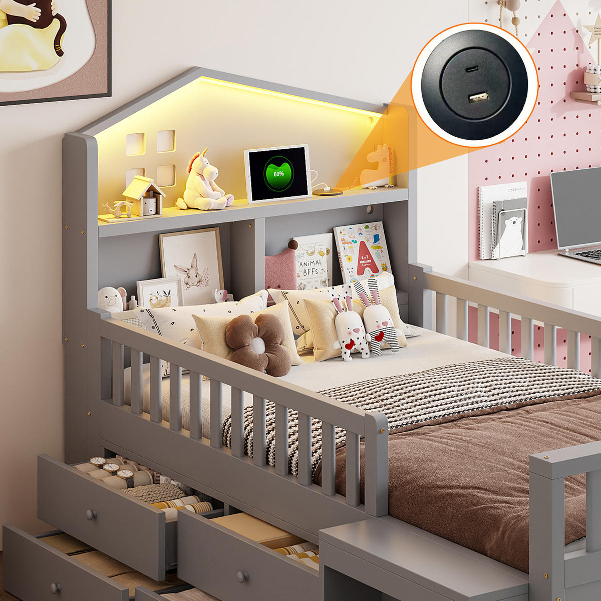 KINDERBETT 90x200 cm LED USB Schubladen grau - Grau, Holz (90/200cm) - LEBENLANG