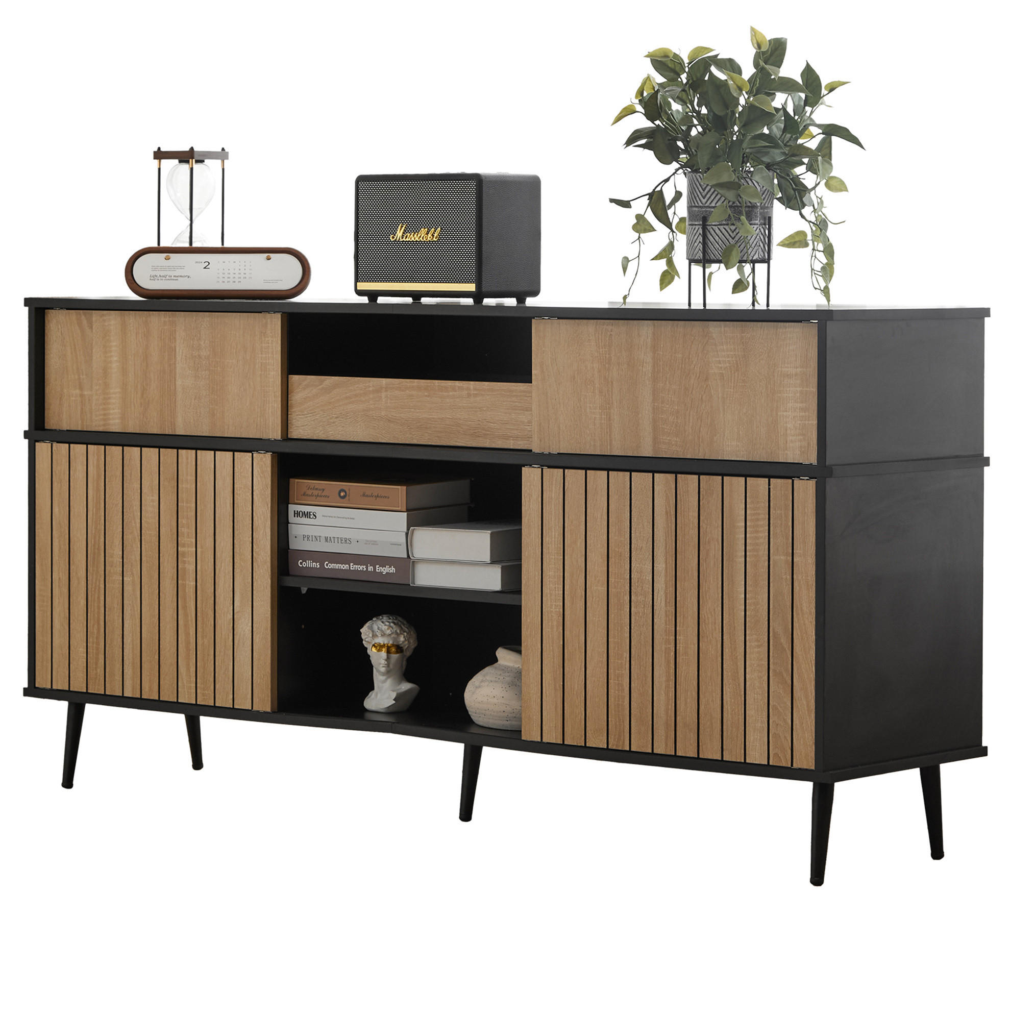 KOMMODE 160/40/80 cm aus Spanplatte mit 4 Schiebetüren und 1 Schublade Schwarz/Natur - Schwarz, Holzwerkstoff (160/80/40cm) - Modenvie