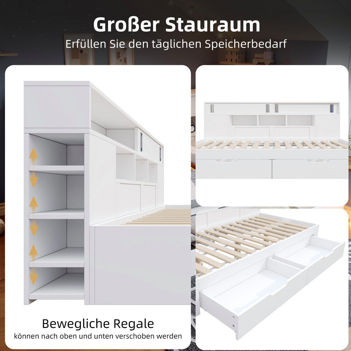 KINDERBETT 90/200 cm in Weiß mit Schubladen, Regal und Stauraum - Weiß, Holzwerkstoff (90/200cm) - BEAOK