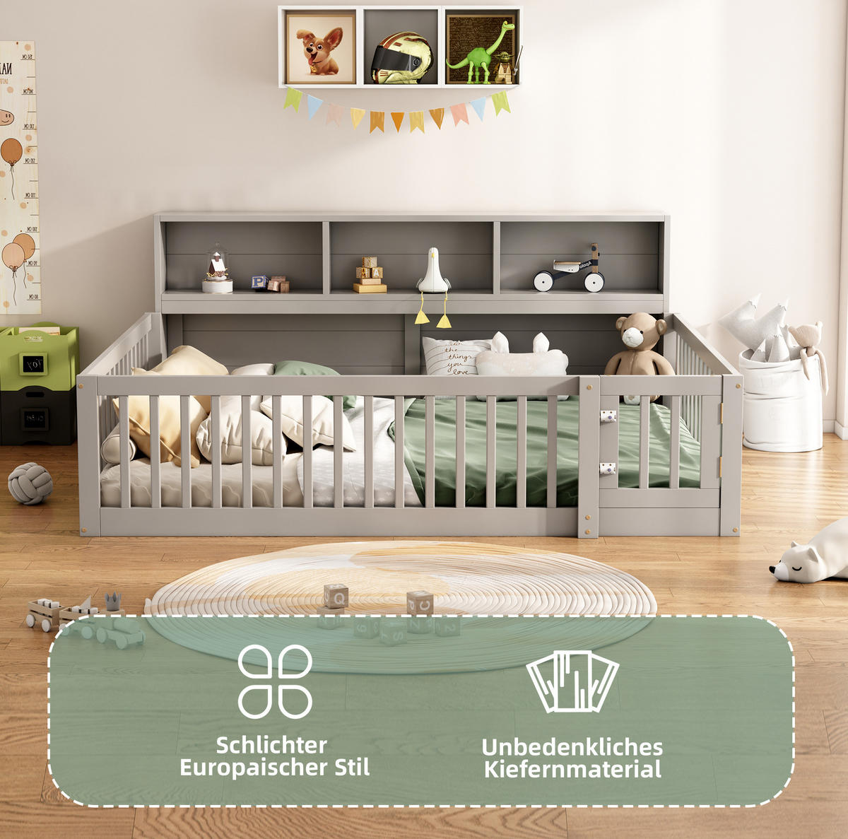 KREVET na razvlačenje 140/200 cm s bočnim spremištem i sigurnosnom ogradom, od borovine i MDF-a, Siva - siva, drvni materijal (140/200cm) - Redom