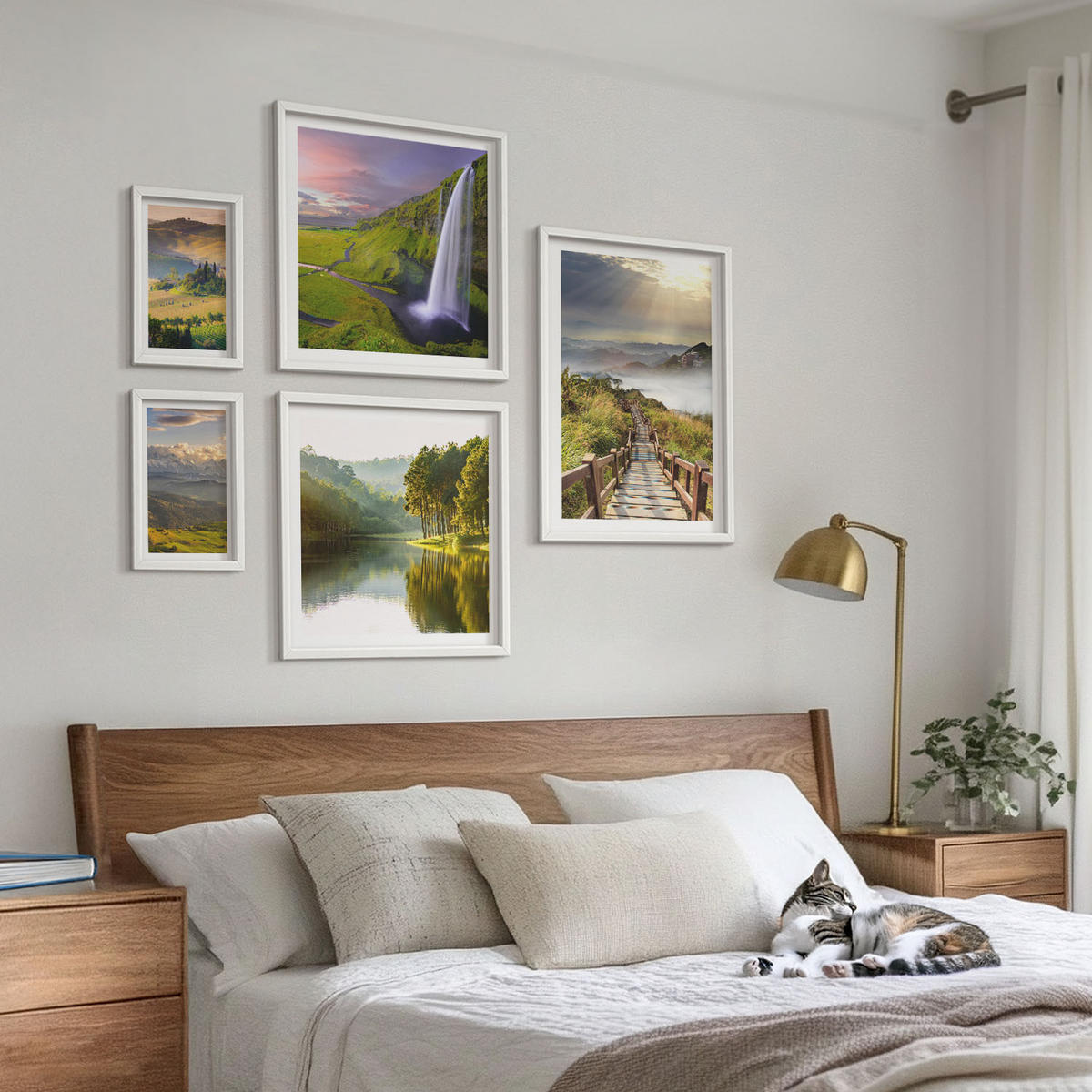 WANDBILDER 5er-Set - 50x50 cm & 20x30 cm & 40x60 cm Weißer Rahmen - Aquarell von grünen tropischen Blättern - Weiß, Kunststoff (40/60cm) - ArtPrintCave