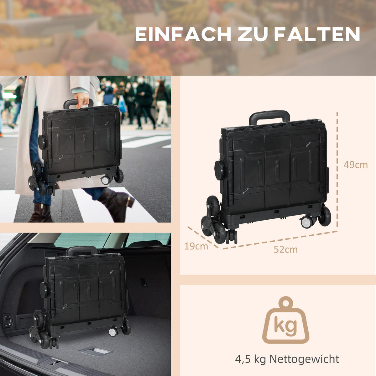 EINKAUFSWAGEN Kunststoff Aluminiumlegierung Schwarz - Schwarz, Kunststoff (48/100/52cm) - HOMCOM