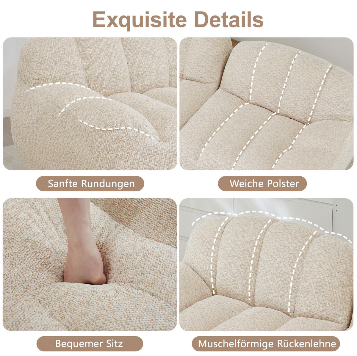 SOFA in Beige Weiß aus Granuliertem Fleece mit Ottomane - Beige, Textil (104/79/288cm) - Flora Grace
