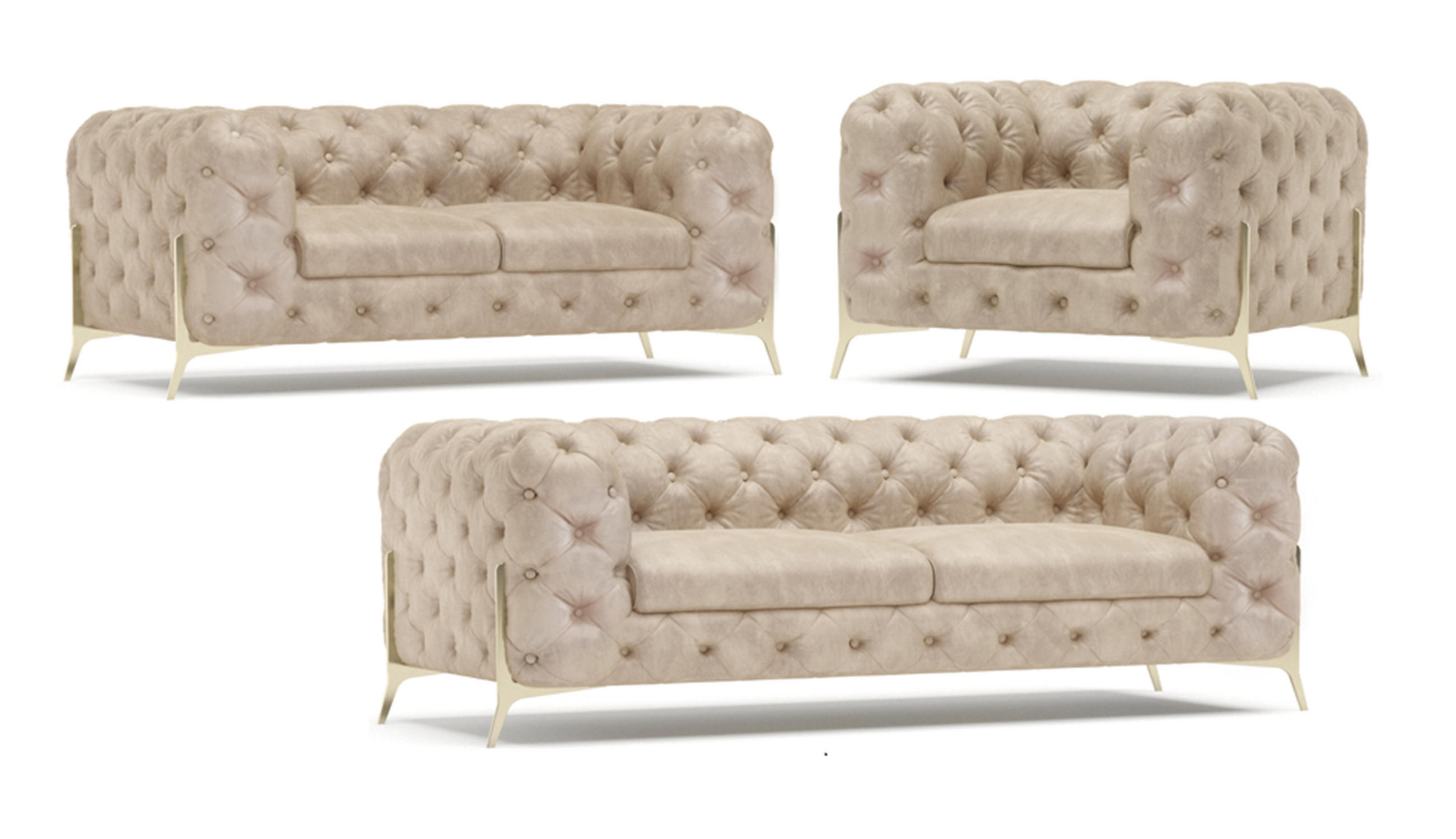 SITZGARNITUR 3+2+1 Chesterfield Vertex Beige Samt - Beige/Goldfarben, Holz/Textil (225/75/100cm) - S-Style Möbel