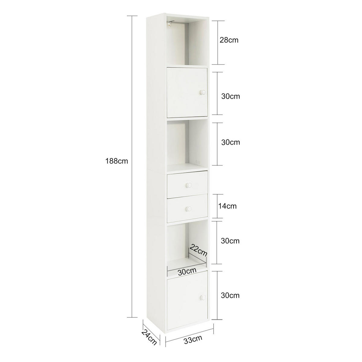 HOCHSCHRANK Weiß - Weiß, Holzwerkstoff (33/188/24cm) - SoBuy