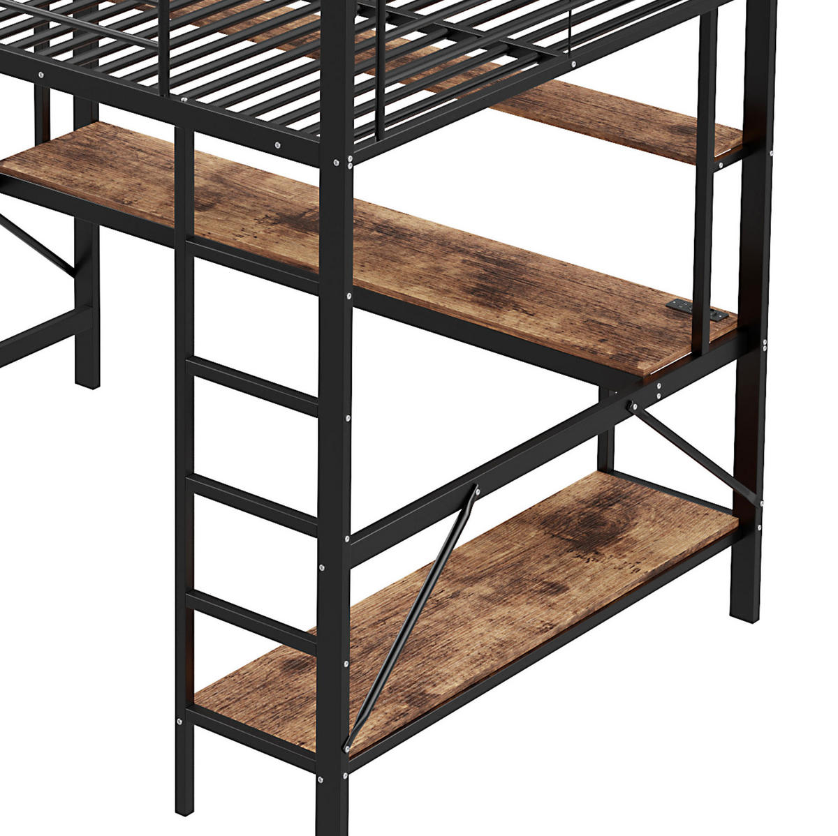 HOCHBETT aus Metall und MDF 140x200 cm Schwarz mit LED, USB, Steckdose, Schreibtisch und Regal - Schwarz, Metall (140/200cm) - Modfu