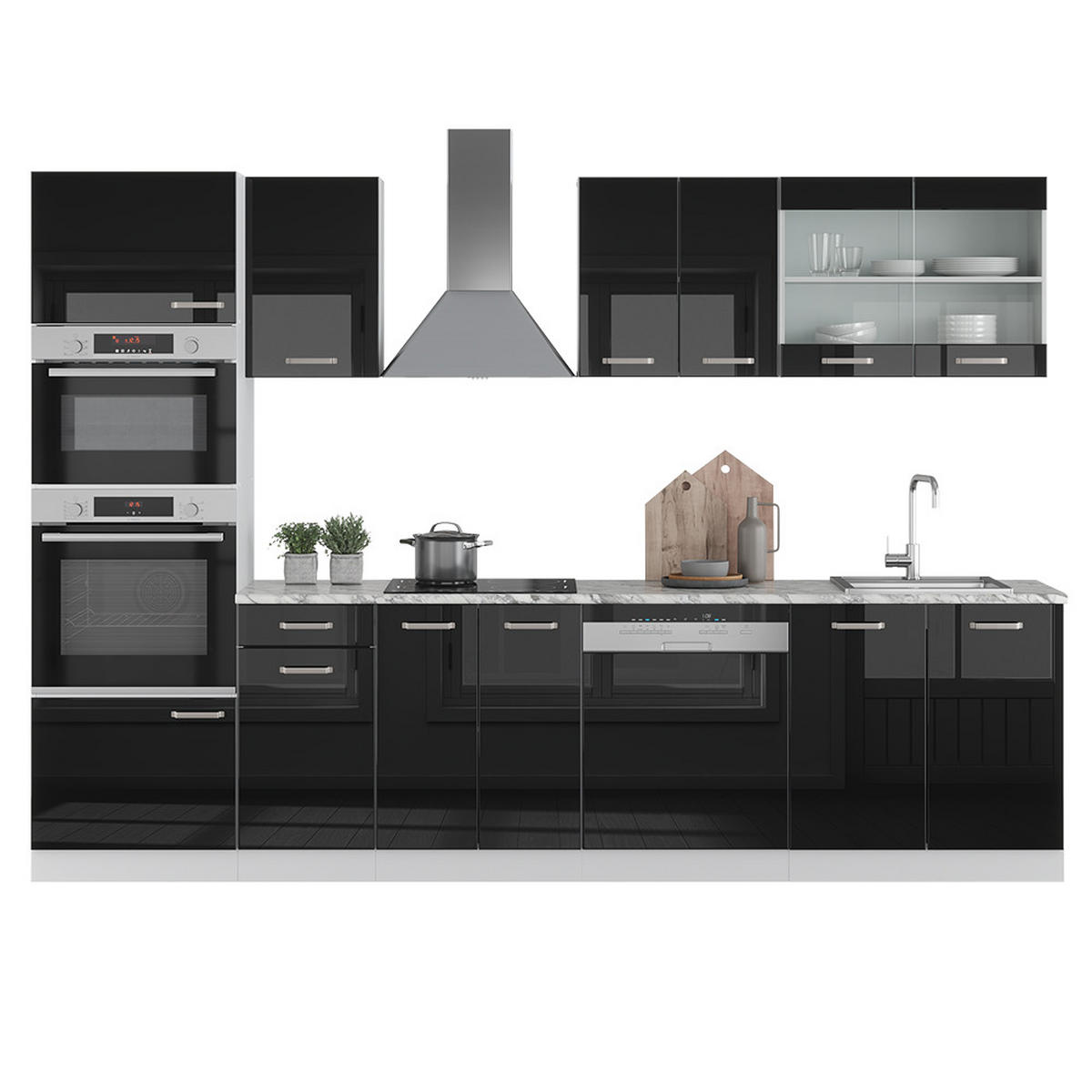 KÜCHENZEILE R-Line Schwarz Hochglanz/Weiß 300 cm mit Hochschrank, ohne AP - Schwarz Hochglanz/Weiß, Holzwerkstoff (300/81.6/46cm) - Vicco